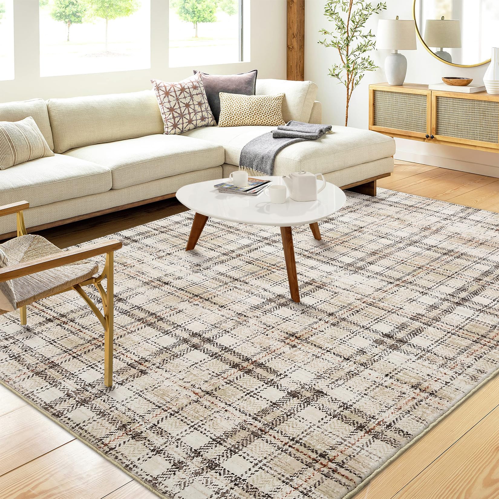 Garvee Plaid Beige 5x7 Washable Rug Area Modern Rugs, Tartan Plaid Area Rug Farmhouse Non Slip Floor Mat Ultra Soft Area Rugs for Living Room Bedroom 
