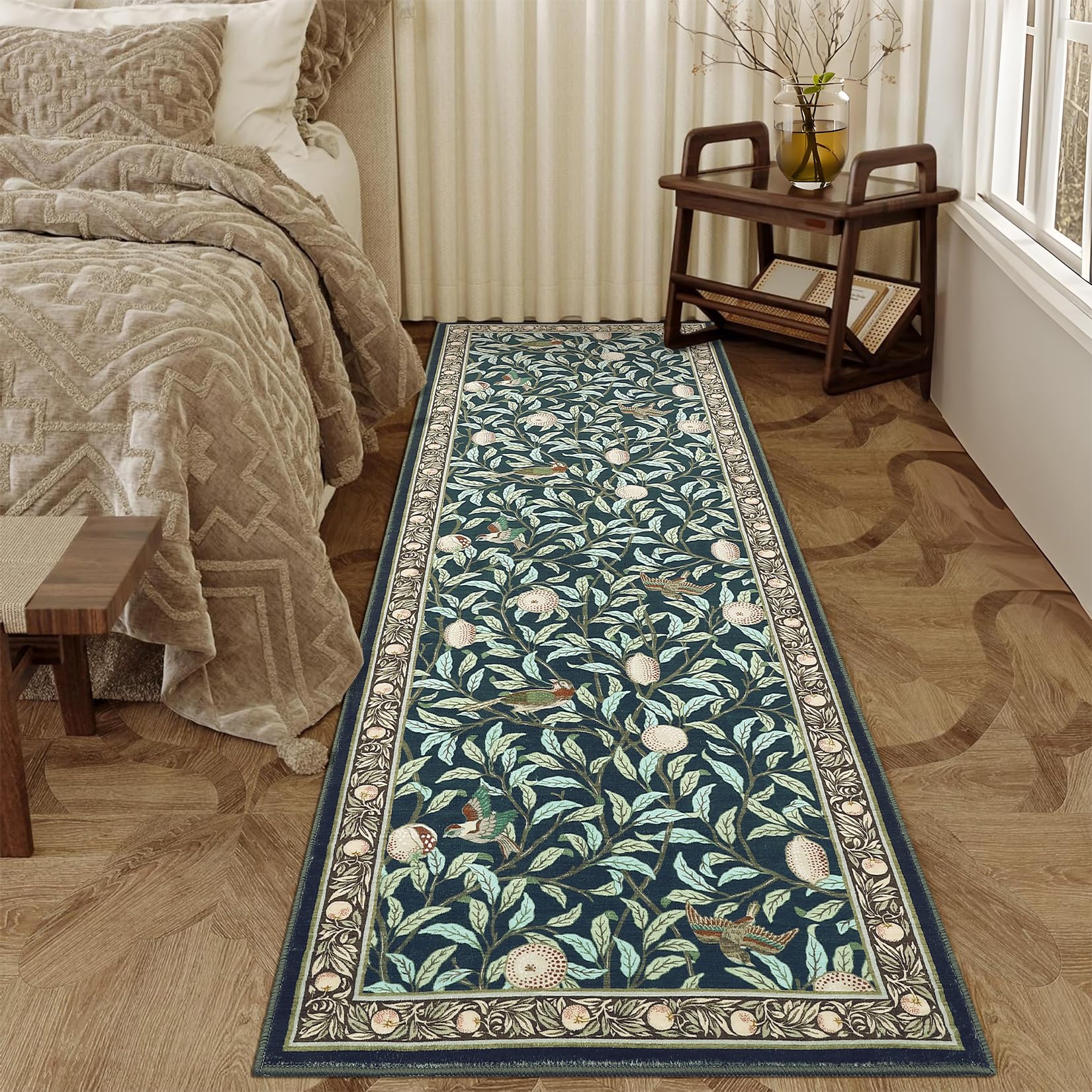 Garvee Washable Runner Rug 2x6 Non Slip Kitchen Hallway Runner Leaf Botanical Print Low Pile Carpet Dark Blue for Indoor Use