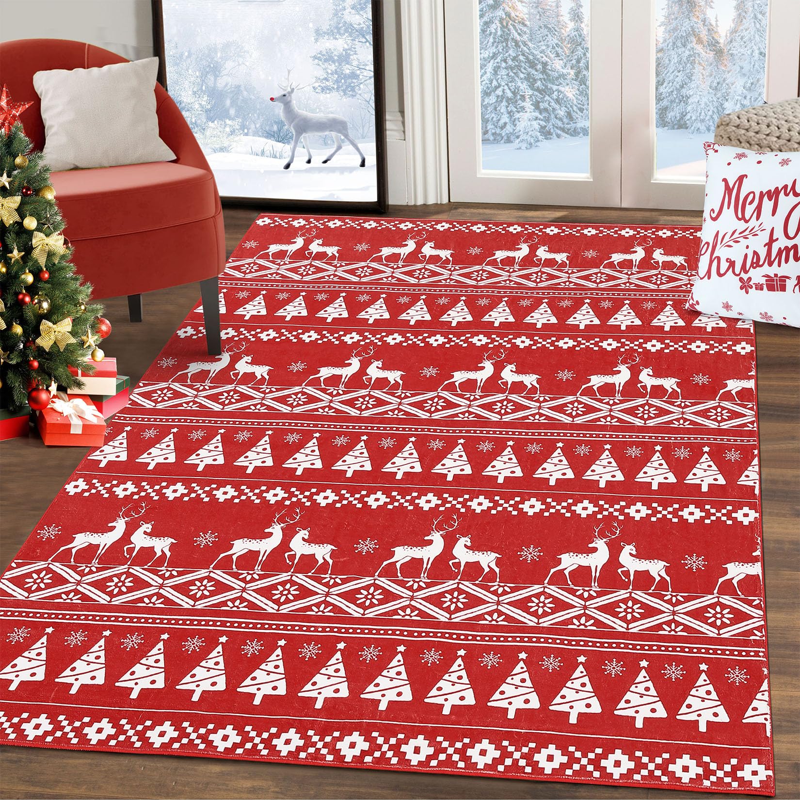Garvee Christmas Machine Washable Area Rugs Christmas Tree and Deer Pattern Boho Carpet Rug Foldable Decorative Accent Rug Farmhouse Dining Table Rug 