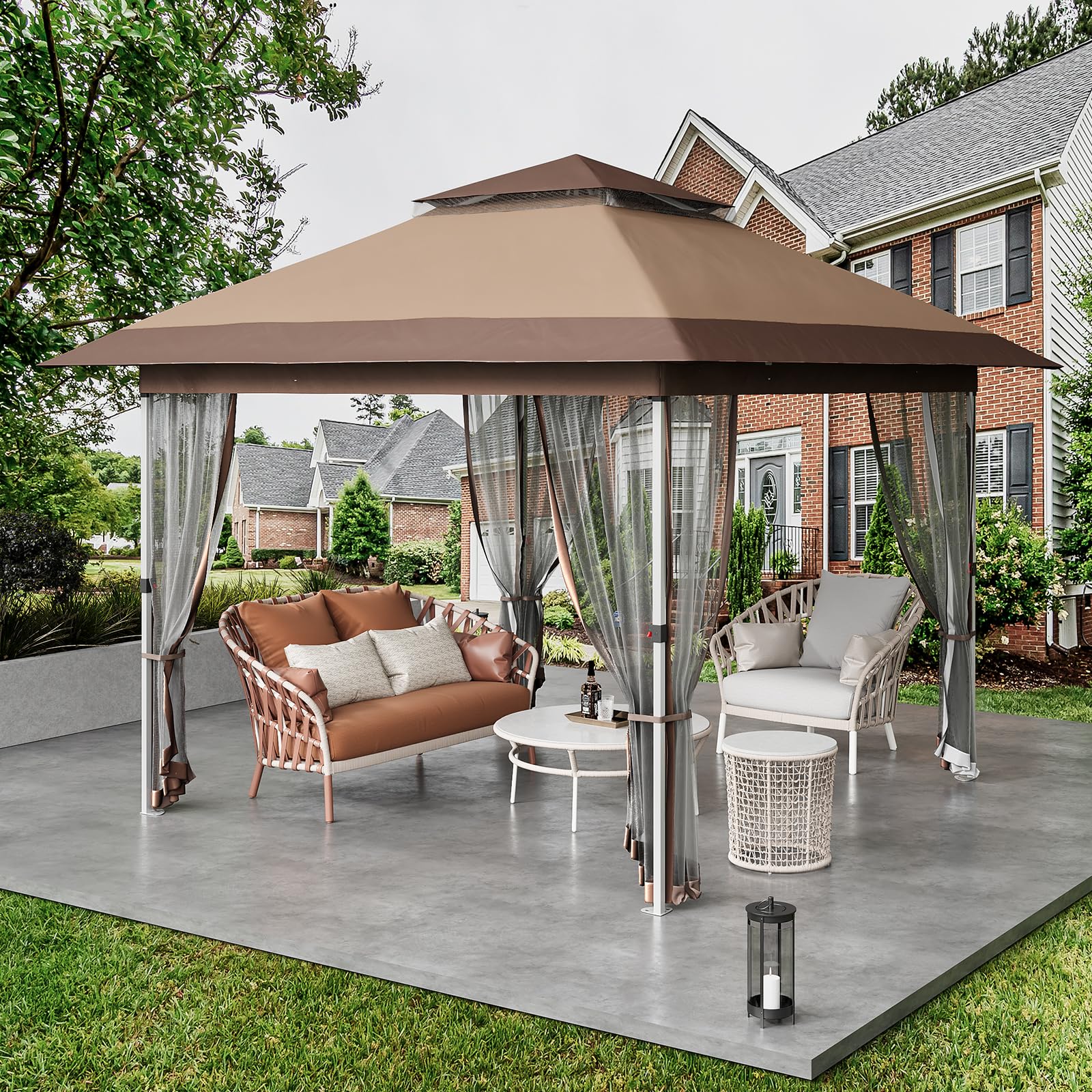 Garvee 11ft*11ft Gazebo Outdoor Canopy Tent with Curtains and 144 Square Shelter for Patio,Backyard Party, with Mosquito Netting, 2-Tiered Vented Top,