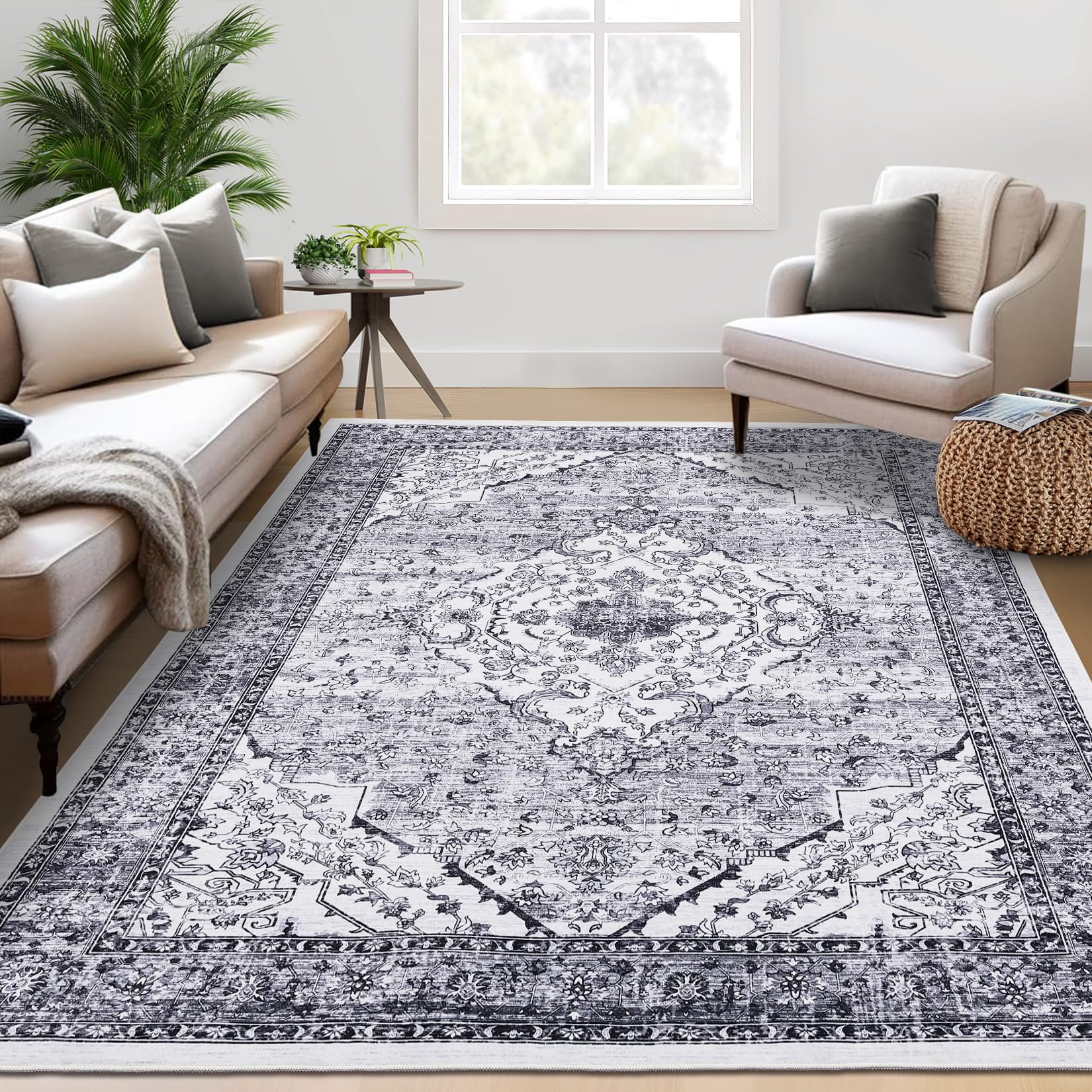 Garvee Washable Area Rugs 5x7 Grey Rug for Living Room Bedroom Dining Room, Low-Pile Kid & Pet Friendly Non Slip Rug