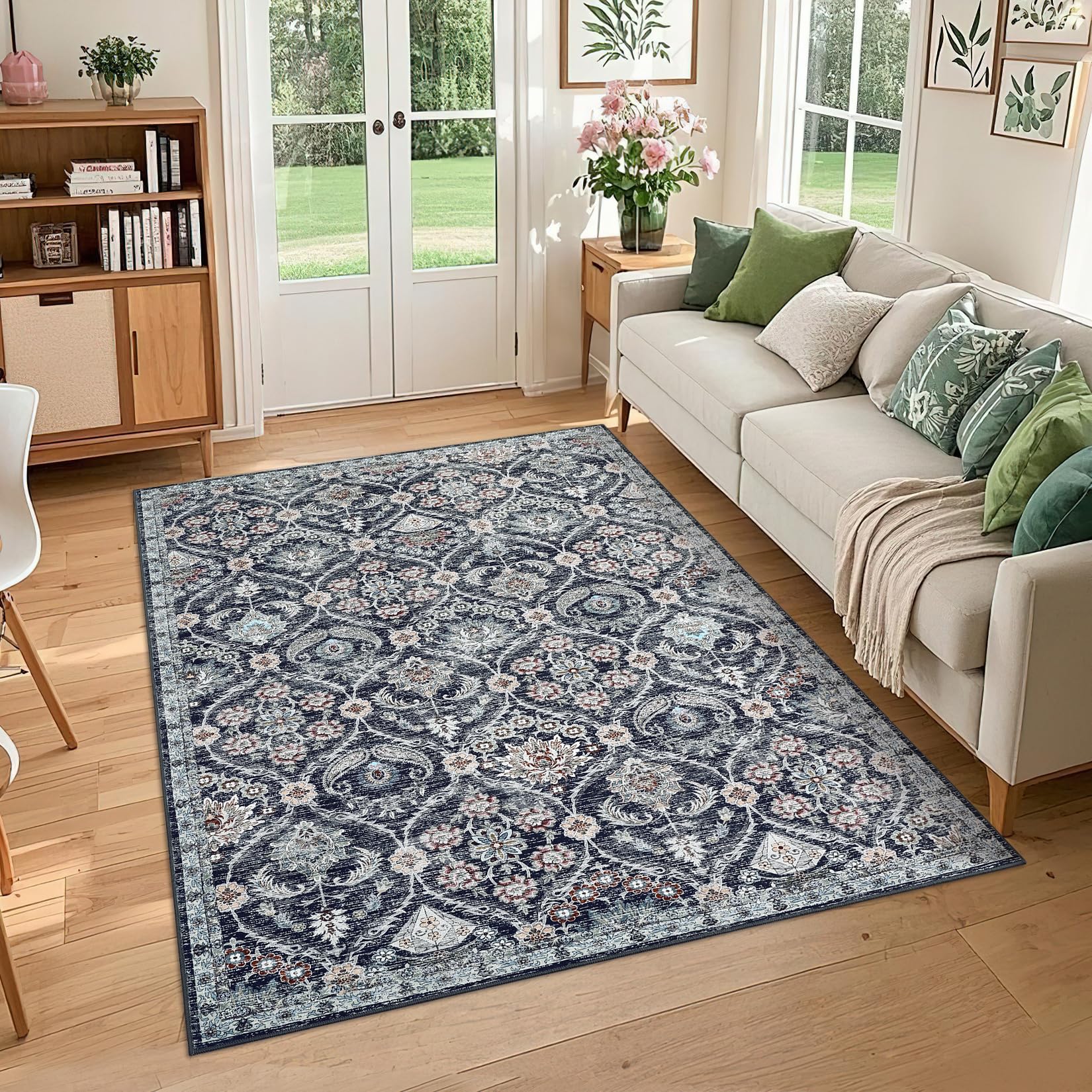 Garvee 8x10 Washable Area Rug Vintage Trellis Navy for Living Room Study Room Playroom, Non-Slip, Stain Resistant, Distressed Medallion Carpet