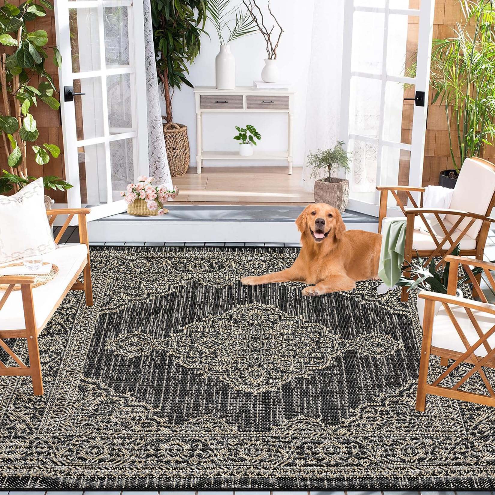Garvee Outdoor Rug 5x8 Vintage Boho Waterproof Patio Carpet Black for Indoor Outdoor Use