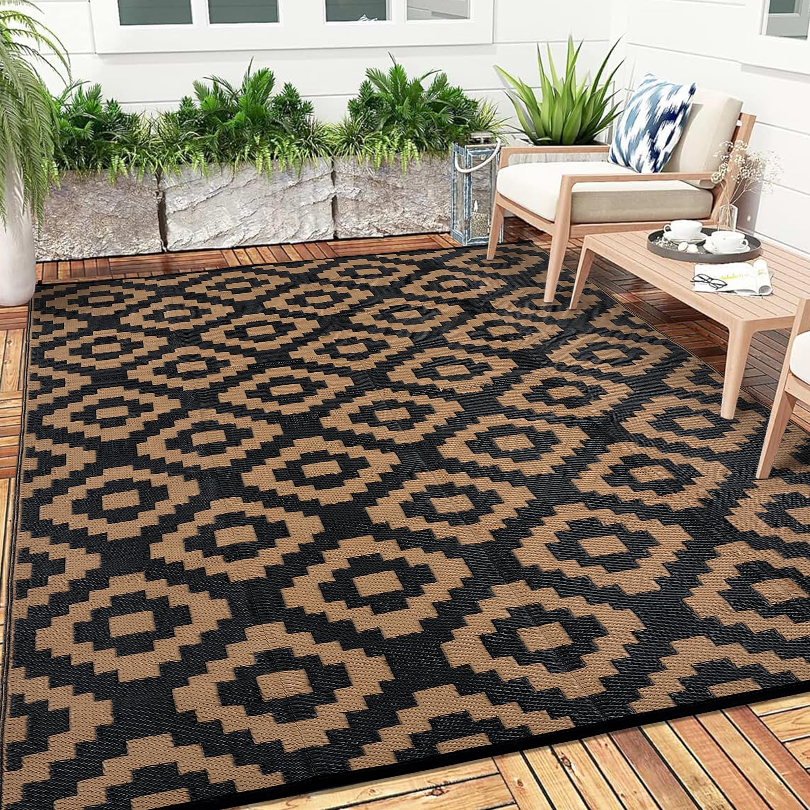 Garvee Outdoor Black & Brown 9x12 Waterproof Outdoor Plastic Straw Rug for Camping with Carry Bag, Reversible Easy Cleaning Portable Border Floor Mat 