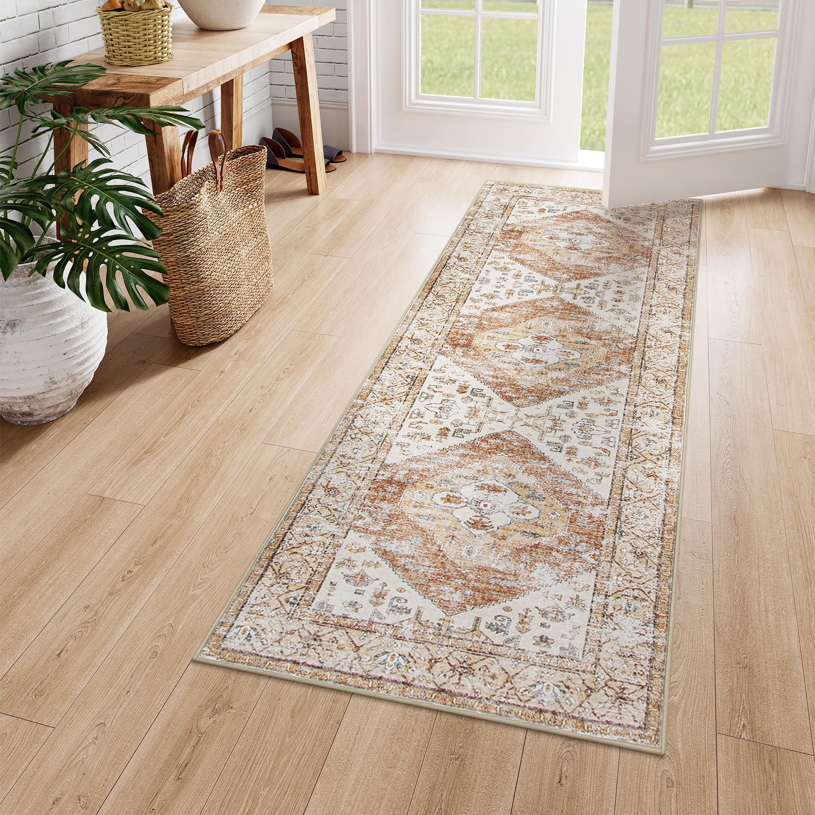 Lahome Boho Washable Runner Rug - 2x6 Hallway Rug Kitchen Runner Non-Slip Throw Thin Bedroom Rugs Laundry Room Oriental Distressed Print Carpet for En