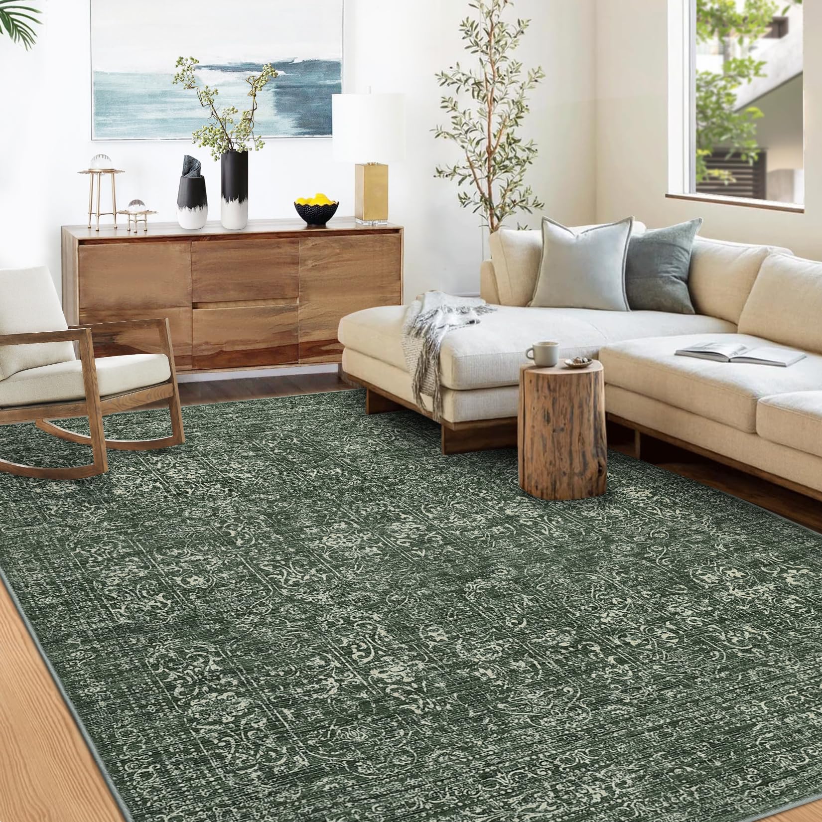 Garvee Washable Area Rugs 6×9 Oriental Distressed Carpet Non-slip Backing Dark Green