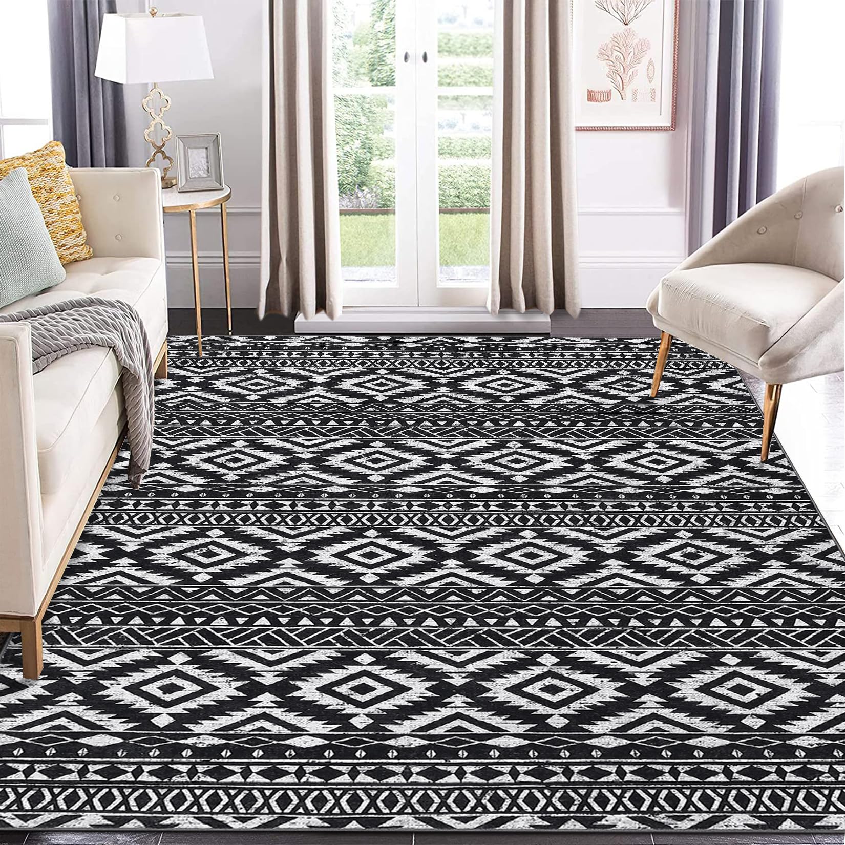 Garvee 9x12 Area Rug Vintage Washable Boho Living Room Low Pile Black Non-Slip Carpet