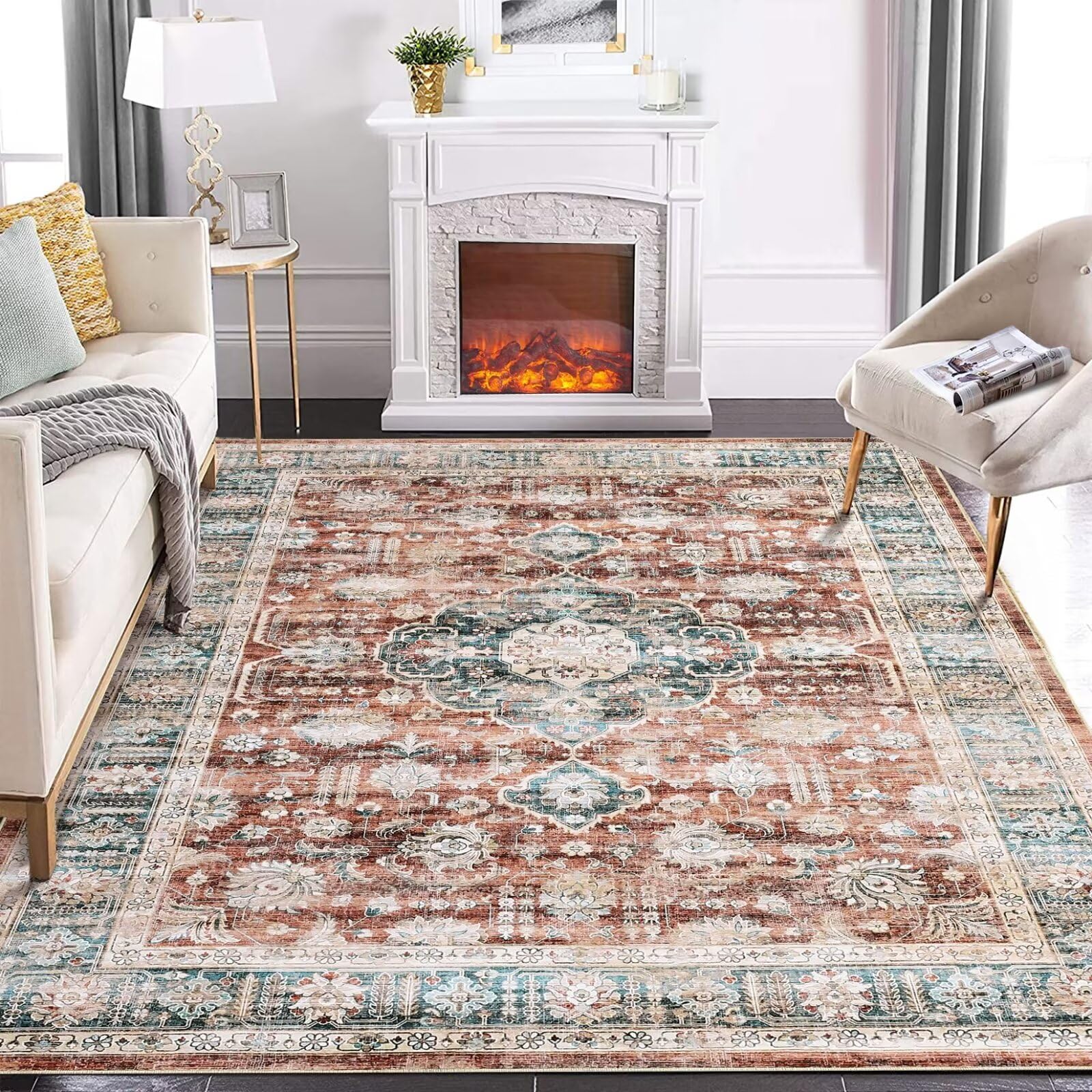 Garvee Rugs for Living Room 5x7 Washable Rug Vintage Floral Area Rug Soft Indoor Floor Mat Medallion Distressed Print Rug Non Slip Non Shedding Throw 