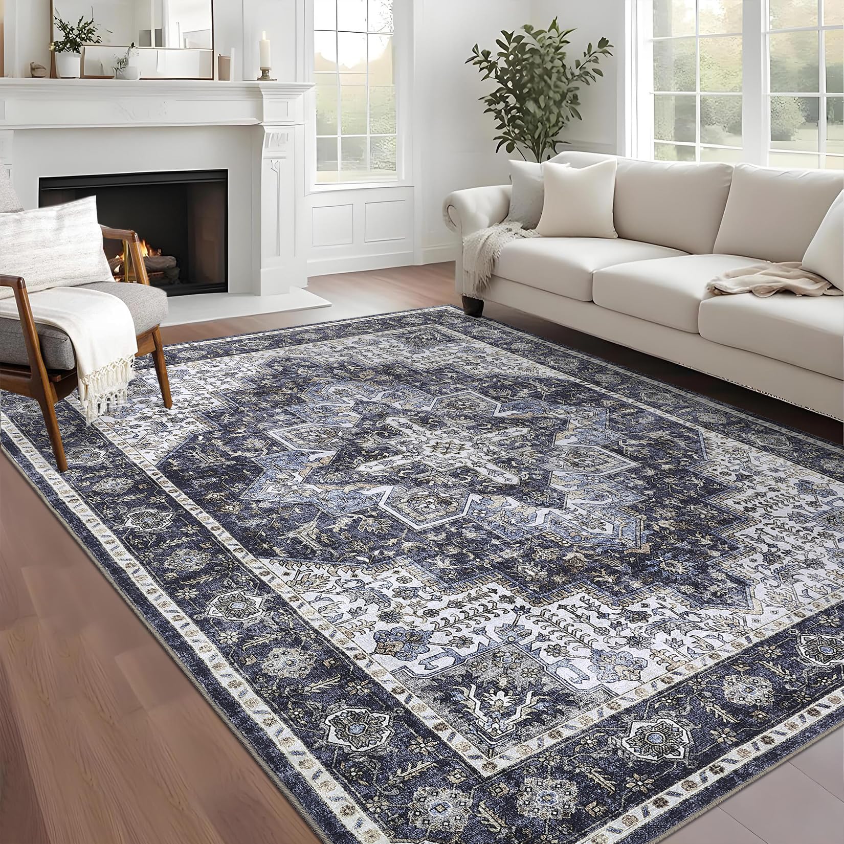 Garvee 8x10 Area Rugs Washable Vintage Distressed Rug Low Pile Ultra Soft Non Slip Carpet for Living Room Bedroom Office Blue