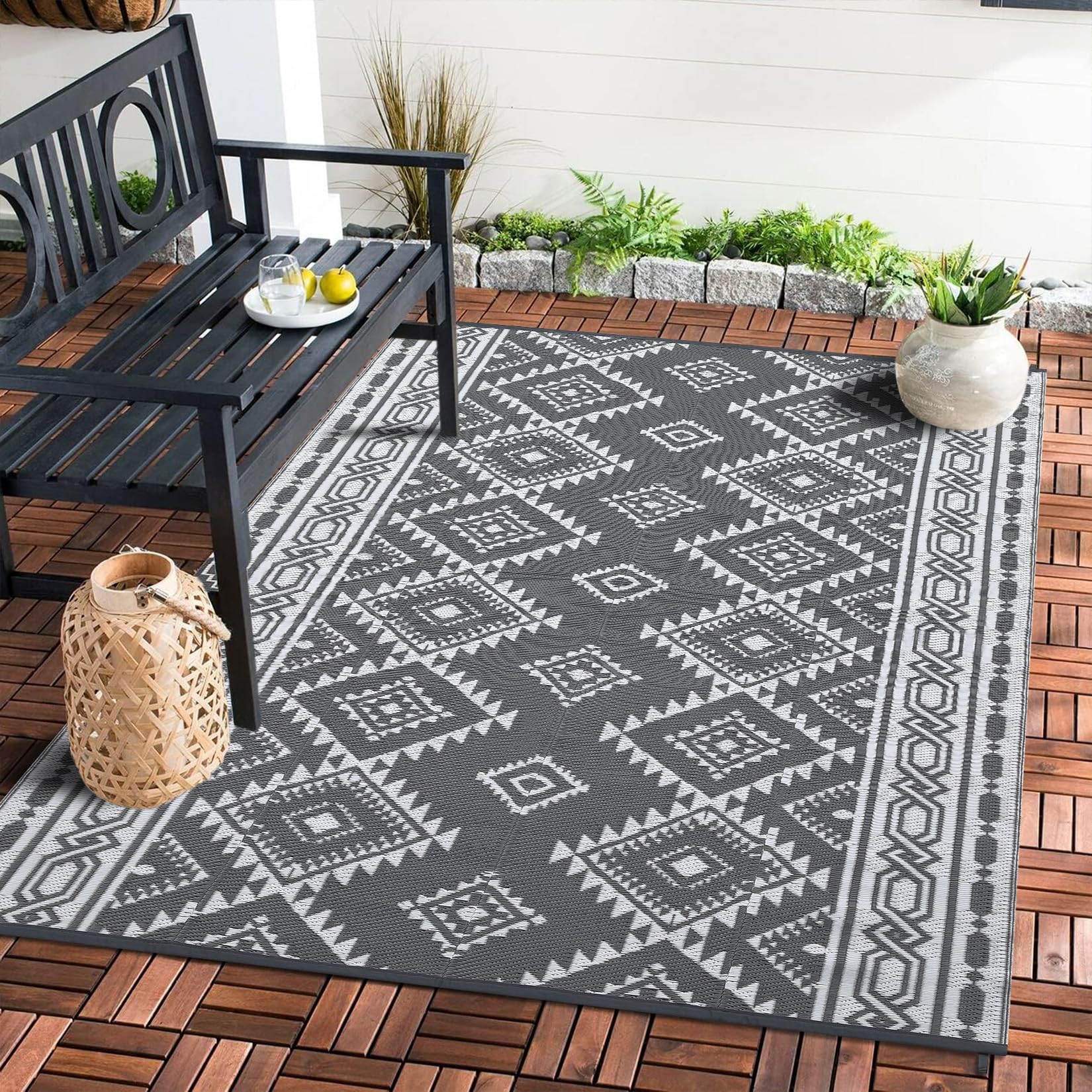 Garvee Outdoor Grey & White 8x10 Reversible Mats, Plastic Straw Rug, Modern Area Rug, Large Floor Mat for Outdoors, RV, Patio, Backyard, Deck, Picnic,