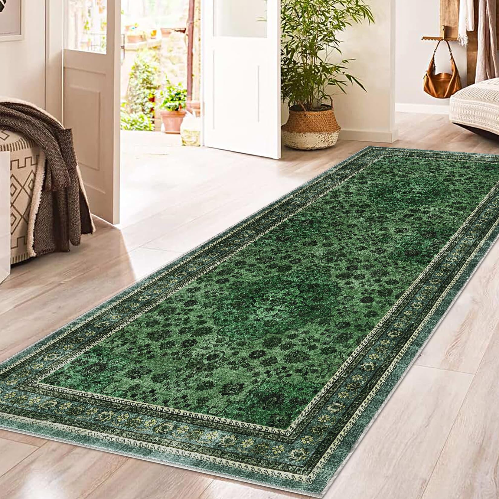 Garvee Washable Area Rug Vintage Foldable Thin Soft Low-Pile Non-Slip Stain Resistant Indoor Outdoor Carpet Green 2x6ft