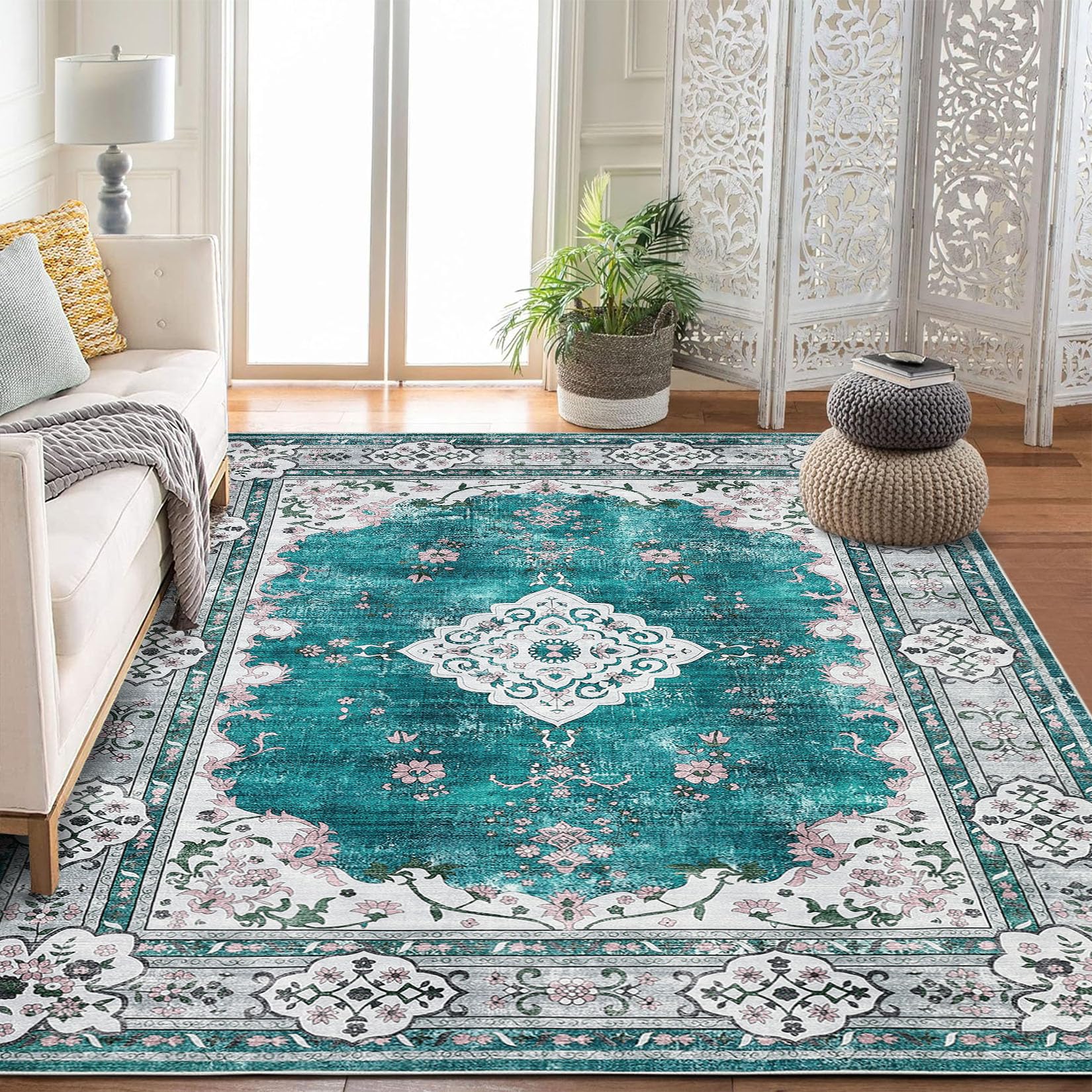 Garvee 5x7 Washable Area Rug Peacock Green Large Boho Vintage Distressed Oriental Carpet Non Slip Floral for Living Room Bedroom Kitchen Nursery Kids 