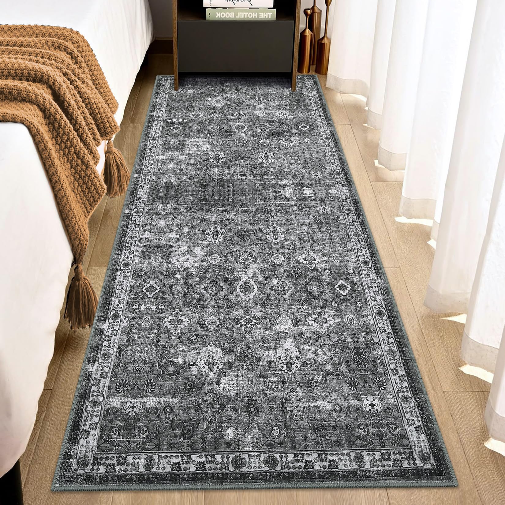 Garvee Vintage Floral 2x6 Runner Rug Dark Grey Boho Washable Non-Slip Thin Faux Wool Carpet for Kitchen Hallway Bedroom
