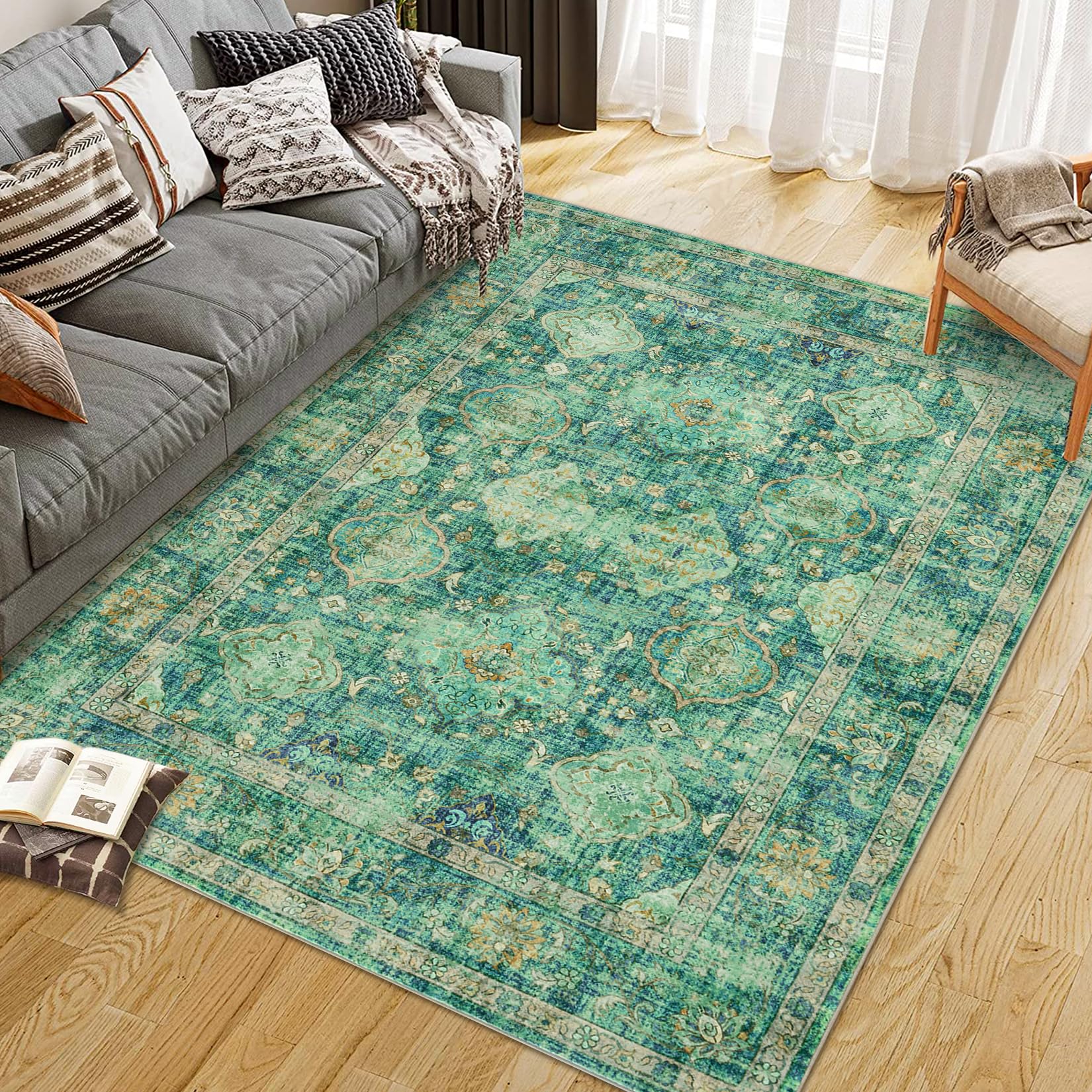 Garvee Area Rugs Vintage Oriental Printed Distressed Design Washable Low Pile Soft Carpet Green 9x12Ft