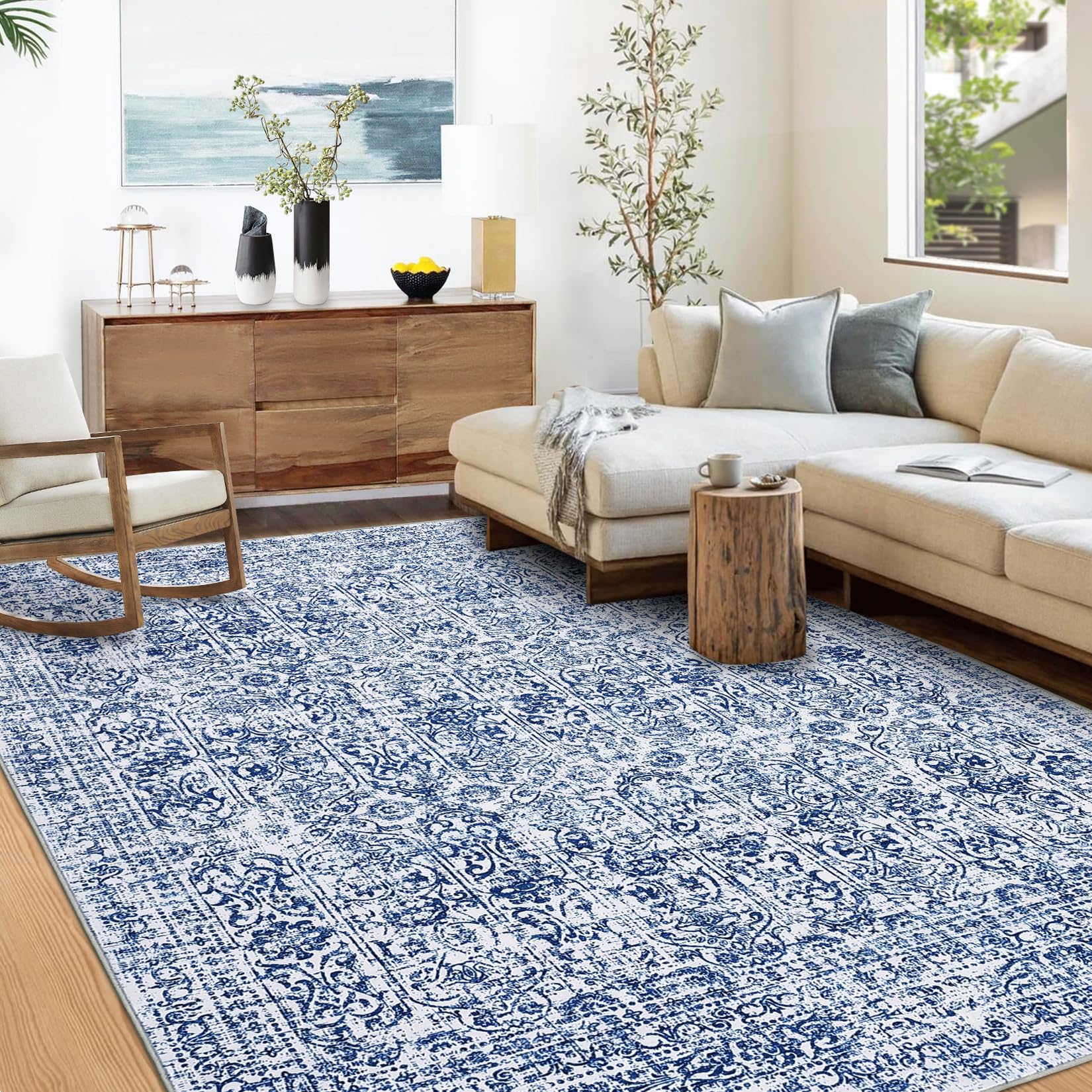 Garvee Washable Area Rugs 8×10 Non-Slip Large Indoor Carpet, Stain Resistant Oriental Distressed Carpet, Soft Traditional Floral Area Rug Blue Tint