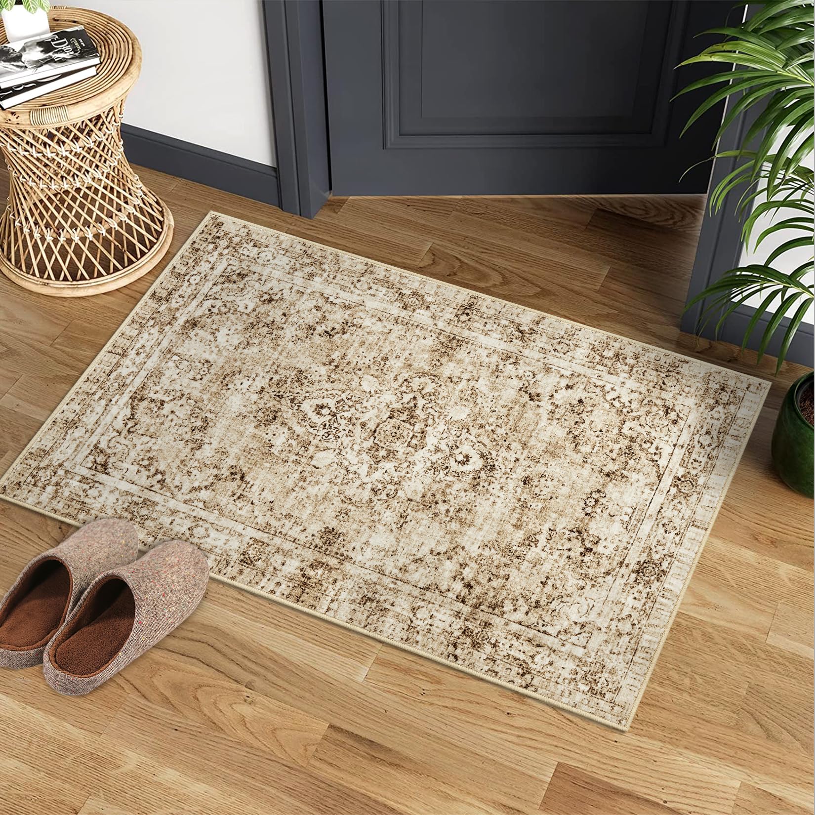 Garvee Washed Back Low Pile Area Rug for Living Room 2x3ft Washable Non Slip Carpet Beige