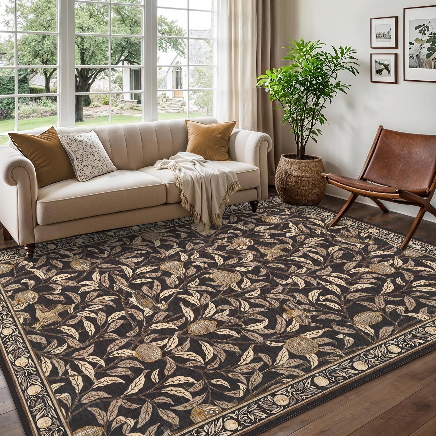 Garvee Washable 10x13 Botanical Area Rug Non Slip Ultra Thin Soft Carpet for Living Room Dining Room Bedroom Brown