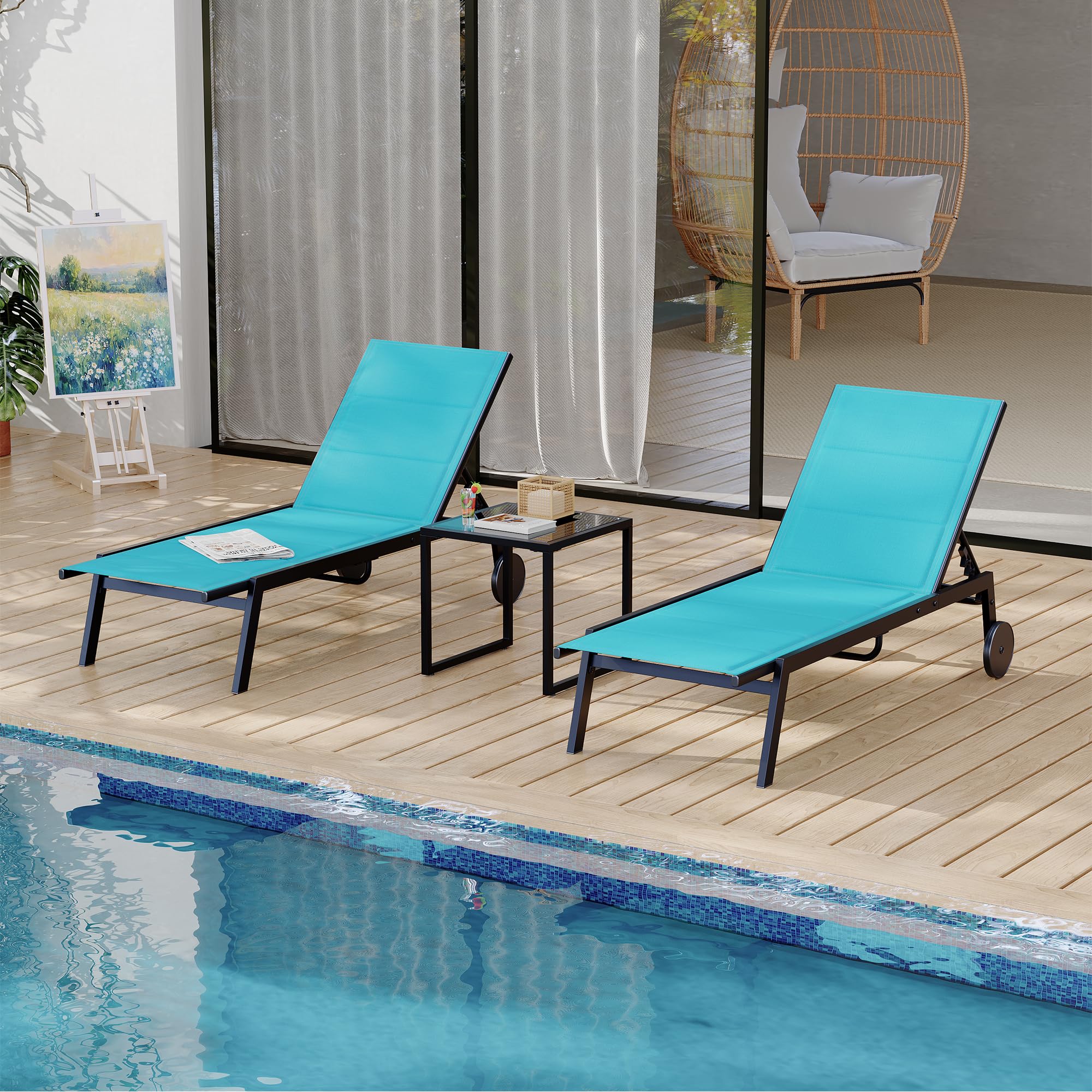 Garvee 3Pcs Patio Chaise Lounge Chairs With Side Table, Adjustable Backrest Poolside Lounger Chairs With Wheels, Pool Outdoor Chaise Lounge Set of 3