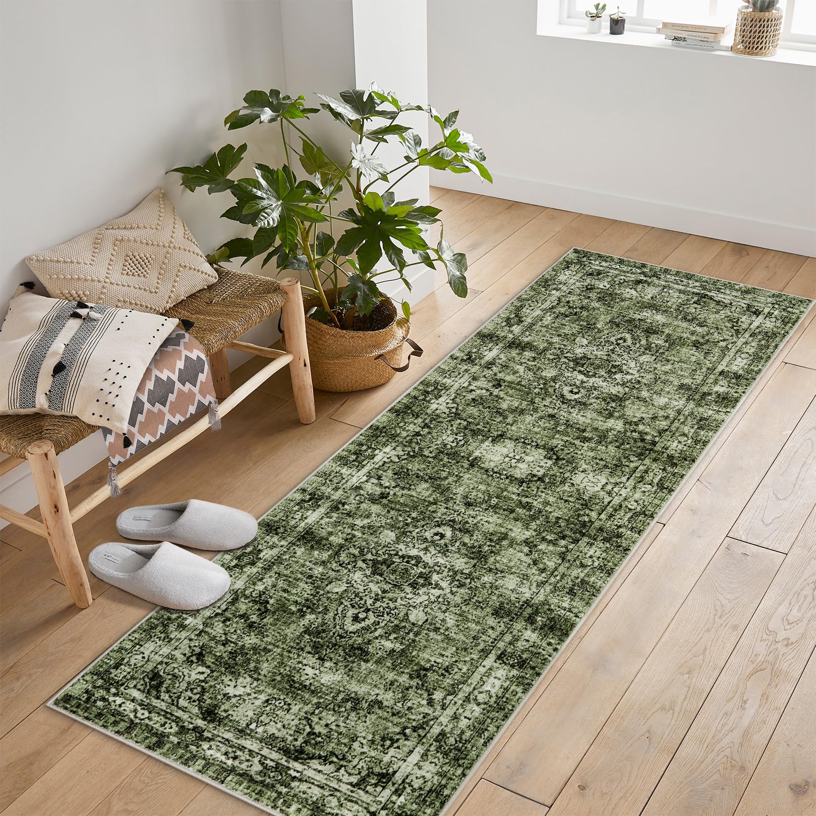 Garvee Washed Back Low Pile Area Rug for Living Room 2x6ft Washable Non Slip Carpet Green