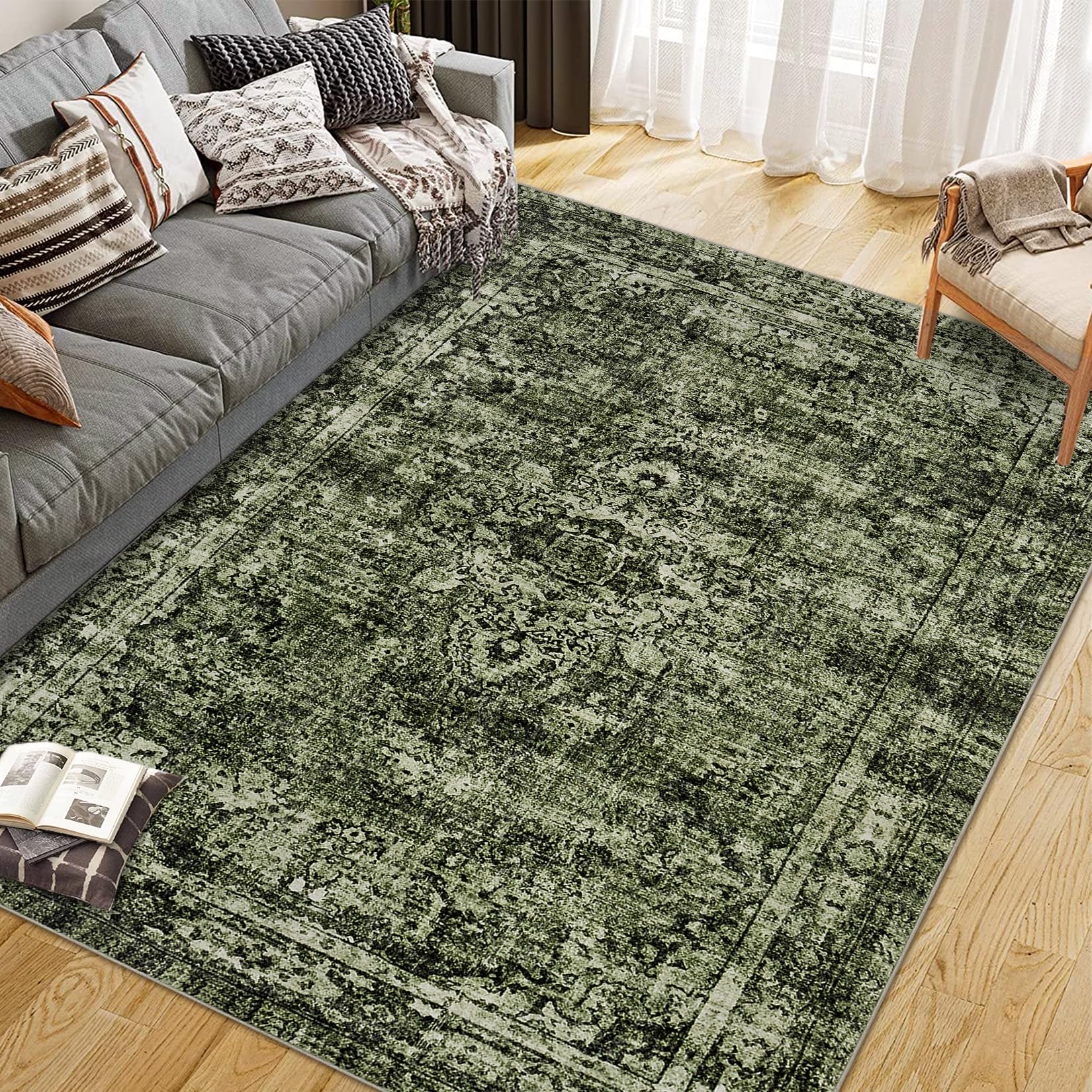 Garvee Washed Back Low Pile Area Rug for Living Room, Bedroom, Kitchen, Dining Room, Hallway 9x12ft Green Non Slip Washable Carpet