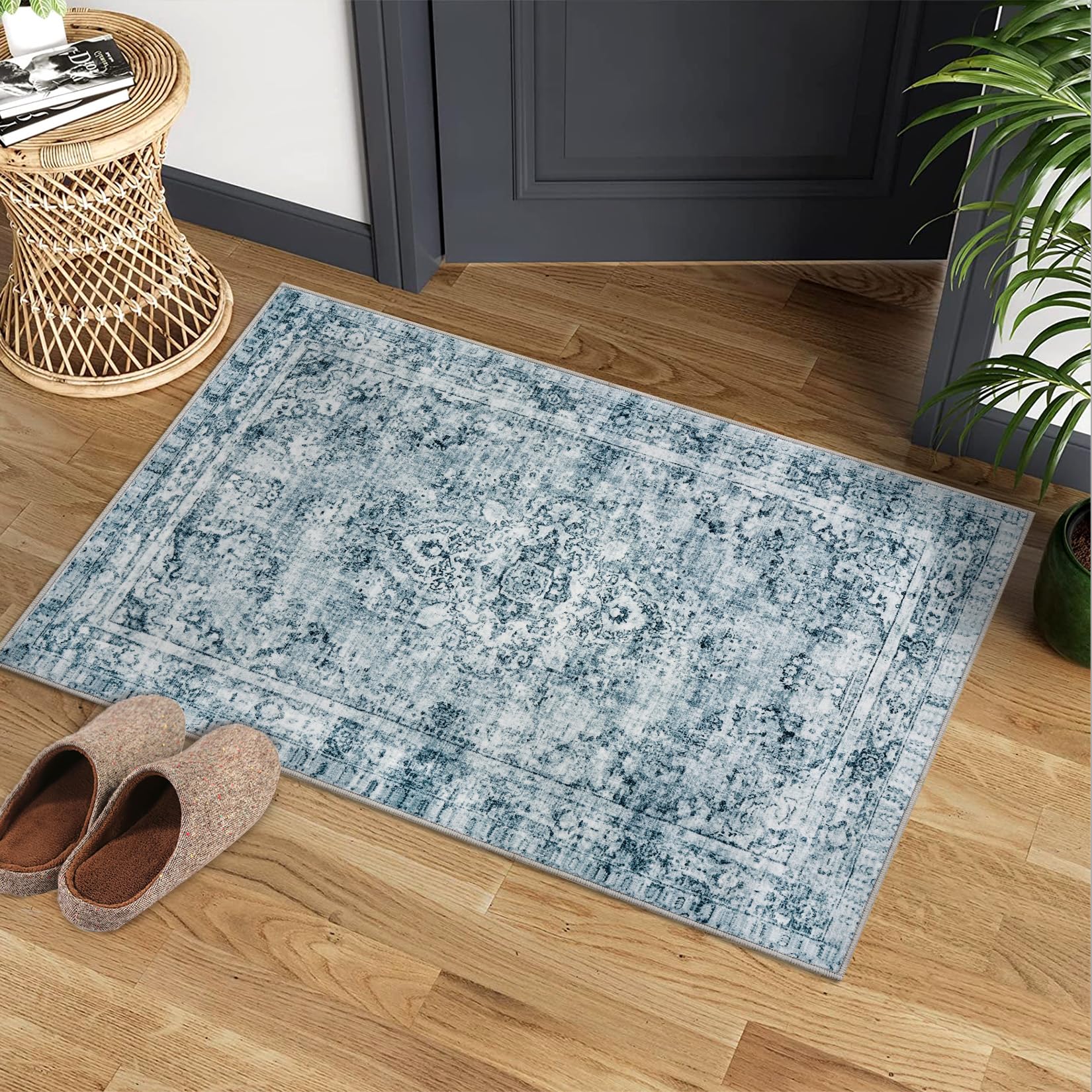 Garvee Washed Back Low Pile Area Rug Washable Non Slip Carpet for Living Room Bedroom Kitchen 2x3ft Blue