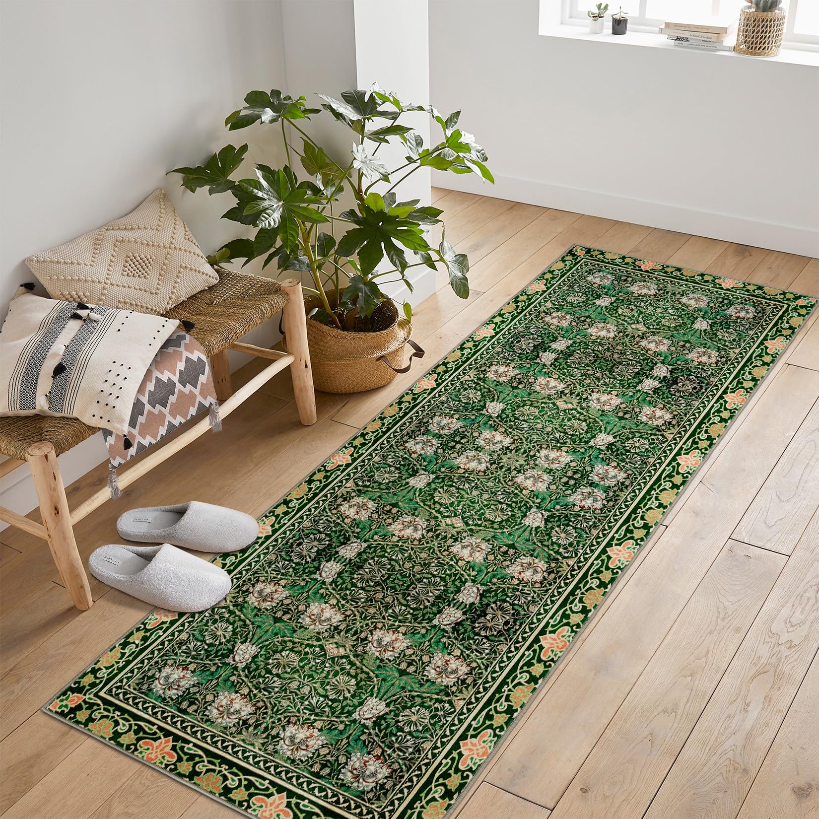 Garvee Area Rug Vintage Floral Carpet Machine Washable Non-Slip Low Pile for Living Room Bedroom 2x6Ft Green
