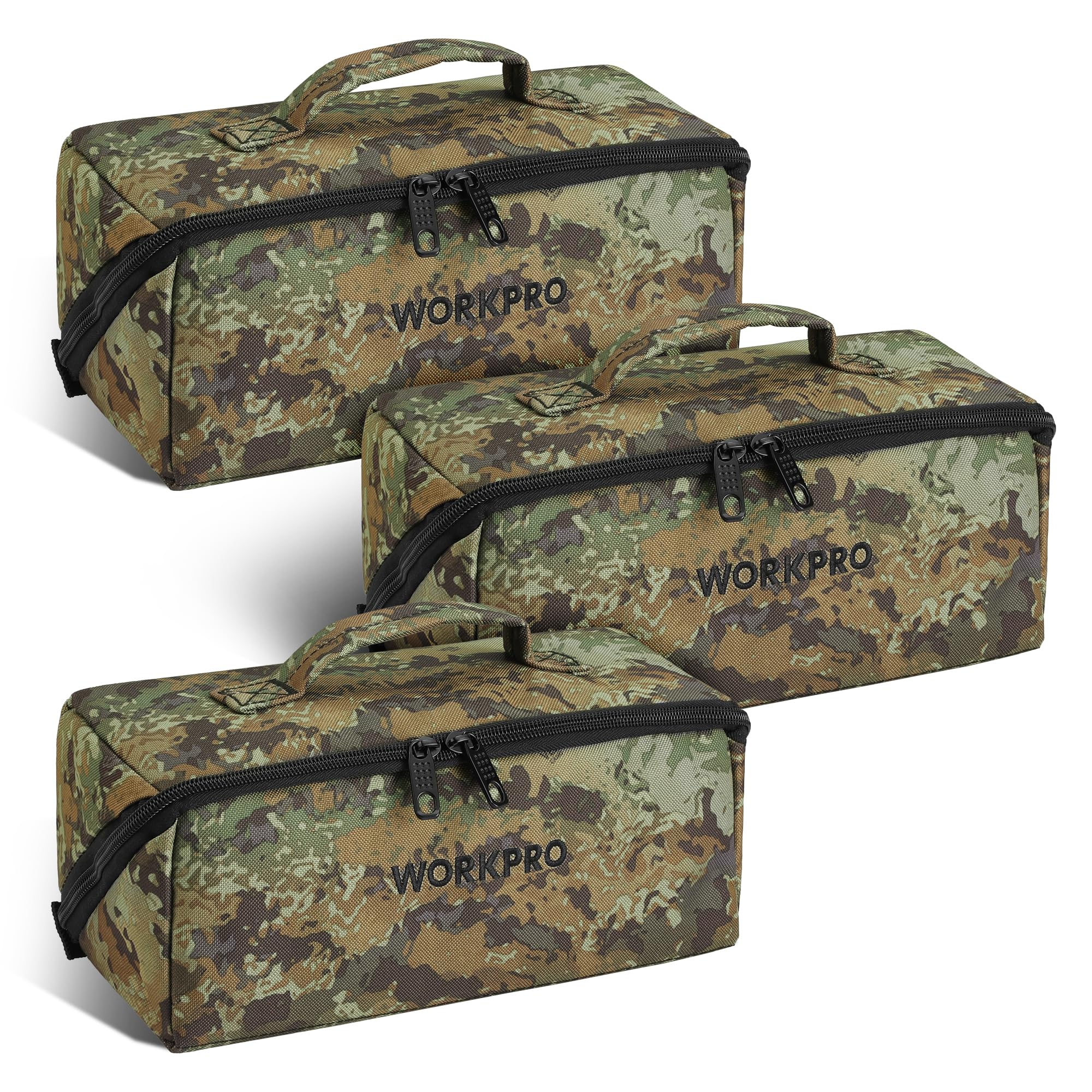 WORKPRO Tool Bag with Zipper, 10" Utility Wide Mouth Heavy Duty Tool Storage Bag, Multipurpose Zipper Tool Pouch Tote Bag for Organizer 3-pack, Camo