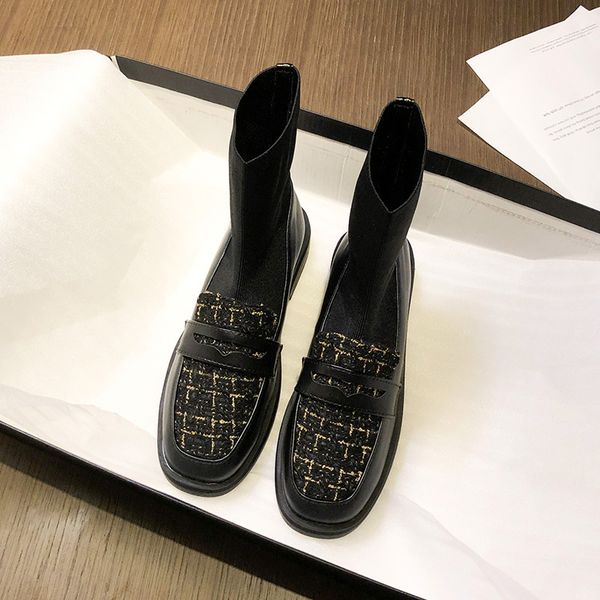 Plaid Seqines Cloth leather winter boots women short knitting botas mujer thick heel cozy fur inside ankle booties big size 43