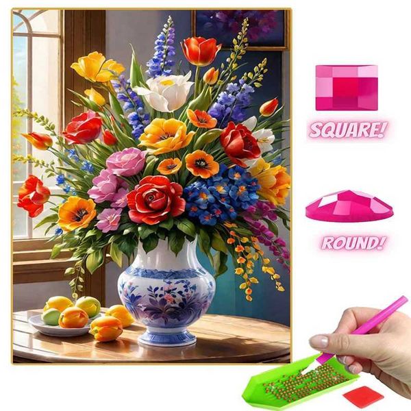 Colorful flower bouquet vase diamond painting mosaic flower art picture diamond embroidery kit creative hobby home decoration gift W240807