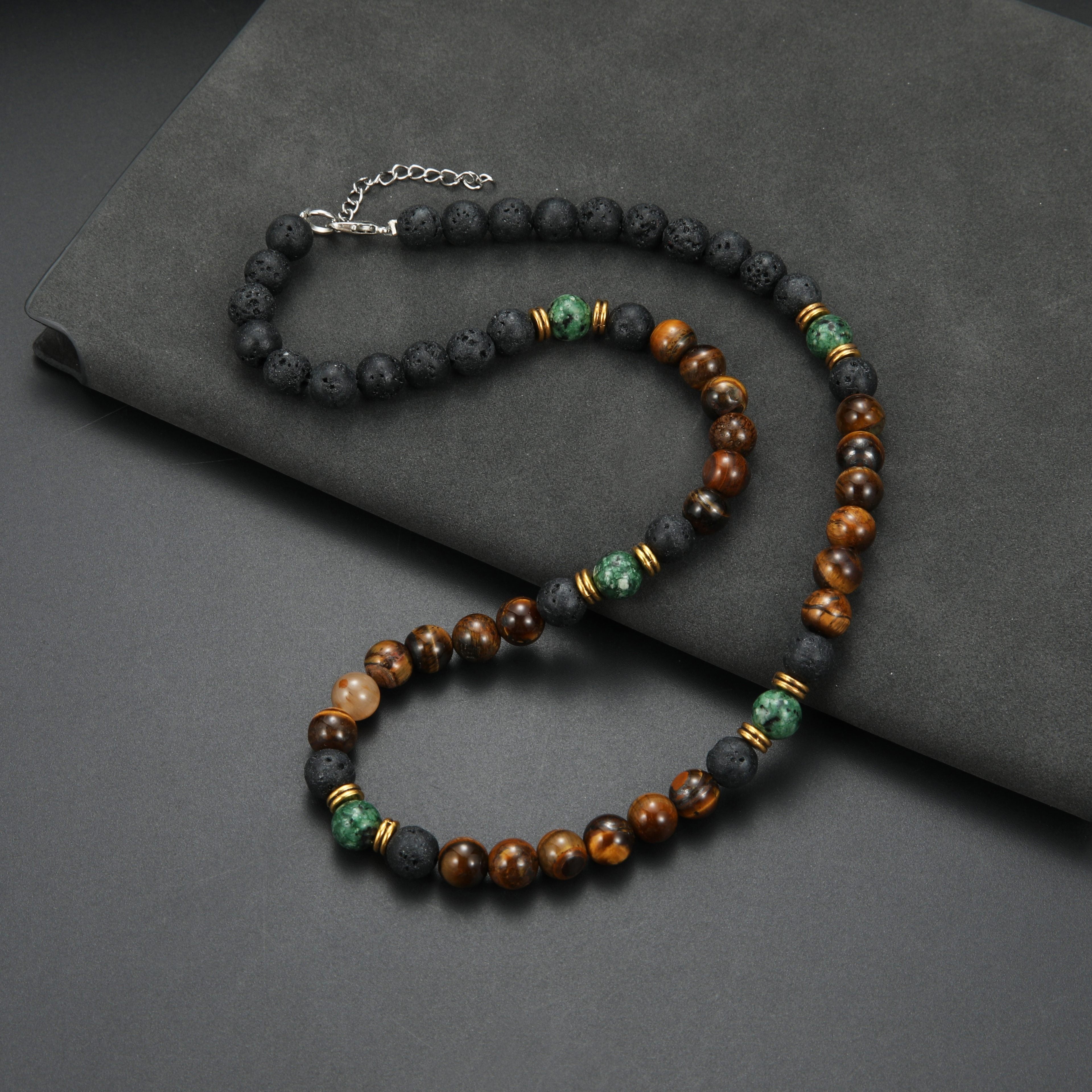 TEMU Men's 8mm Tiger Eye Bead Necklace - Black & Green Round Bead Bracelet With Golden-tone Clasp, Stylish Beaded Jewelry For Casual Attire, Casual