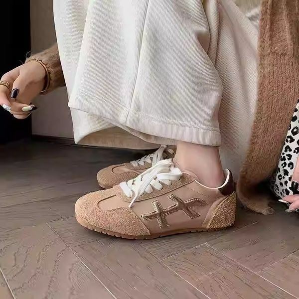Women Casual Shoes:Training Shoe Genuine Leather Flat Bottom Versatile Designer Shoes Retro Style,Coffee-Apricot,Free shipping