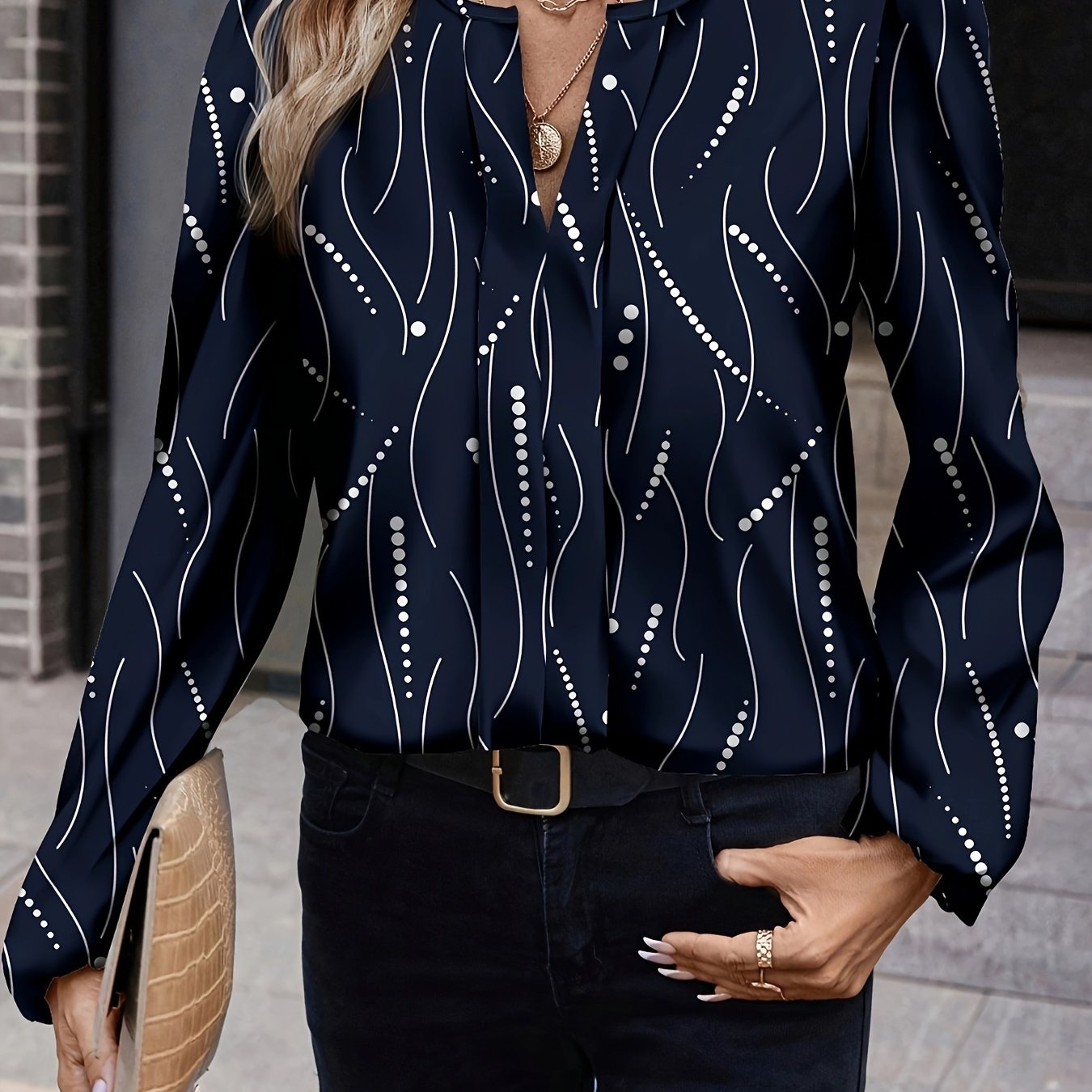 TEMU Polka Dot Print Elegant Notch V-neck Bubble Sleeve 's Shirt
