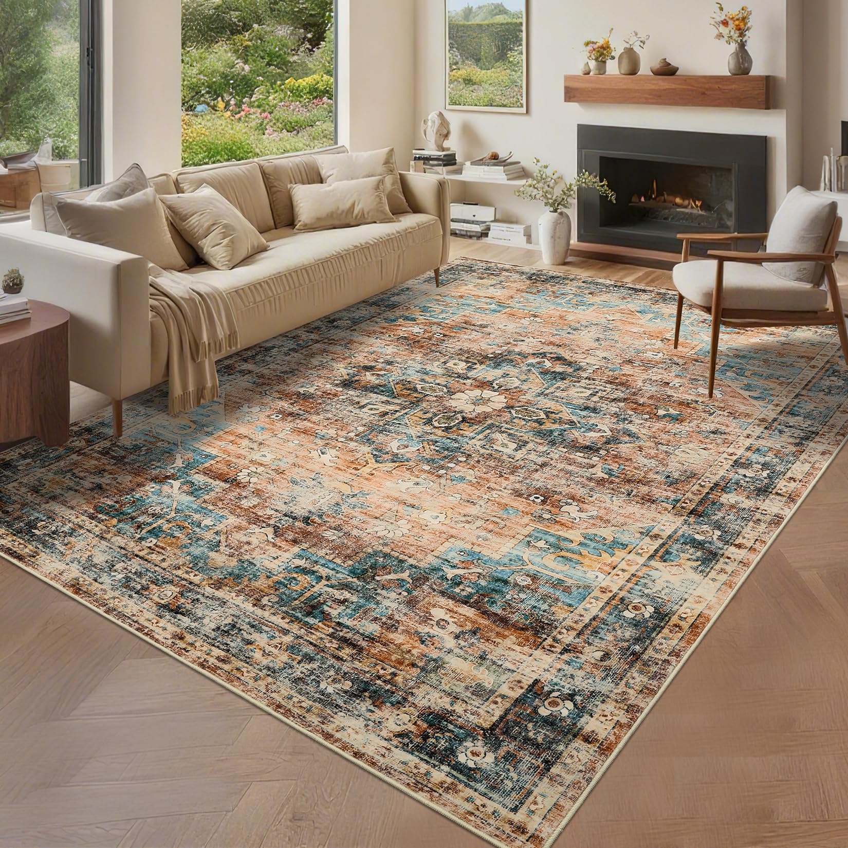 Garvee 8x10 Washable Vintage Living Room Area Rug Non-Slip Green & Brown Large Indoor Carpet
