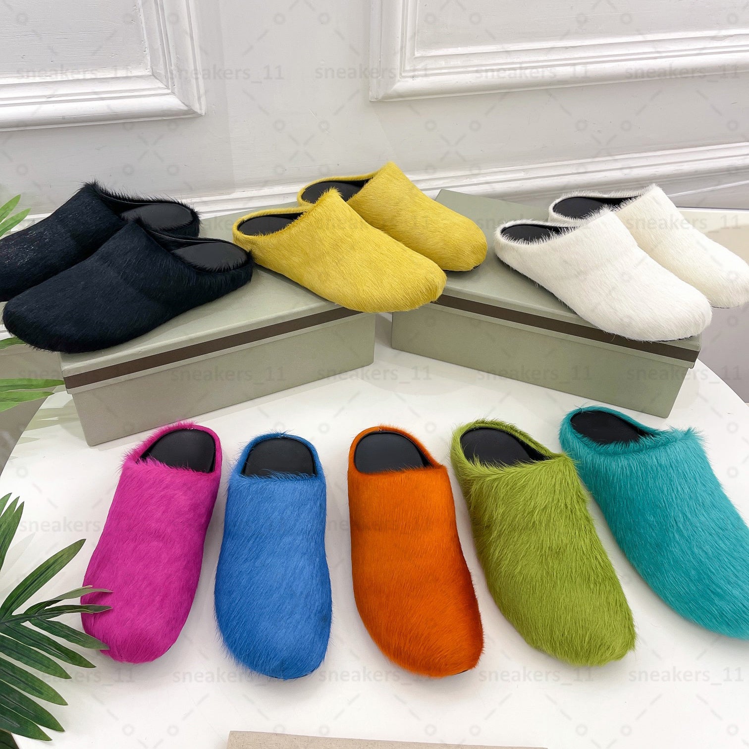 High quality fussbett sabot slippers candy color fluff women slide black blue white yellow red green designer horsehair Half slipper Men Women size
