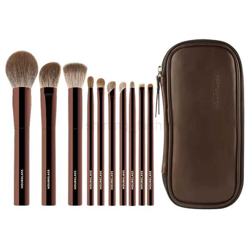 Cosmetics Hourglass Makeup Brush-Makeup set portable 10 pieces animal hair+leather material brush bagPowder brush+eye+concealerCL240708