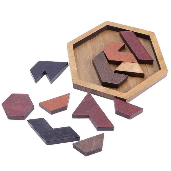 12 pcs Hexagon Tangram Jigs Puzzles Wooden Puzzle Games Brain Puzzles For Kids Assembly Disenment Puzzle toyC250110