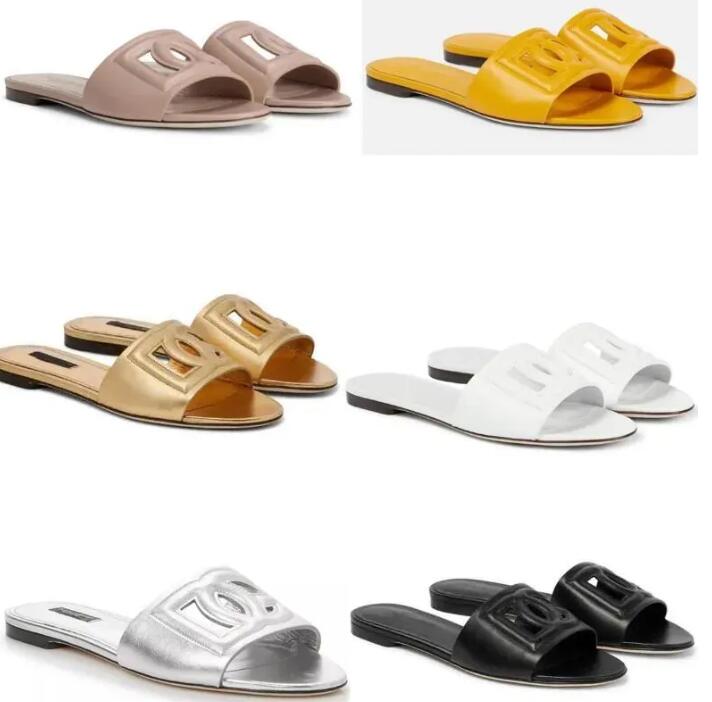 Gold sliver leather luxury design women sandal slipper flats Logo cut out leather slides cutout style open toe summer pop sandals with box card 35-4