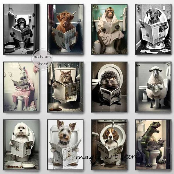 Interesting bathroom animals sitting on the toilet reading newspapers art posters canvases wall printing pictures home decor X241107