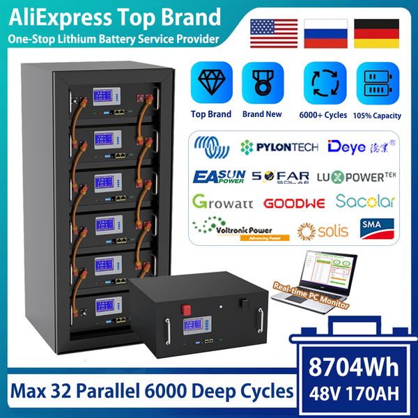 6000 Cycles 48V 170Ah 8704Wh LiFePO4 Battery Pack 16S 200A BMS CAN RS485 PC Monitor Lithium Inverter Battery 10Years Warranty