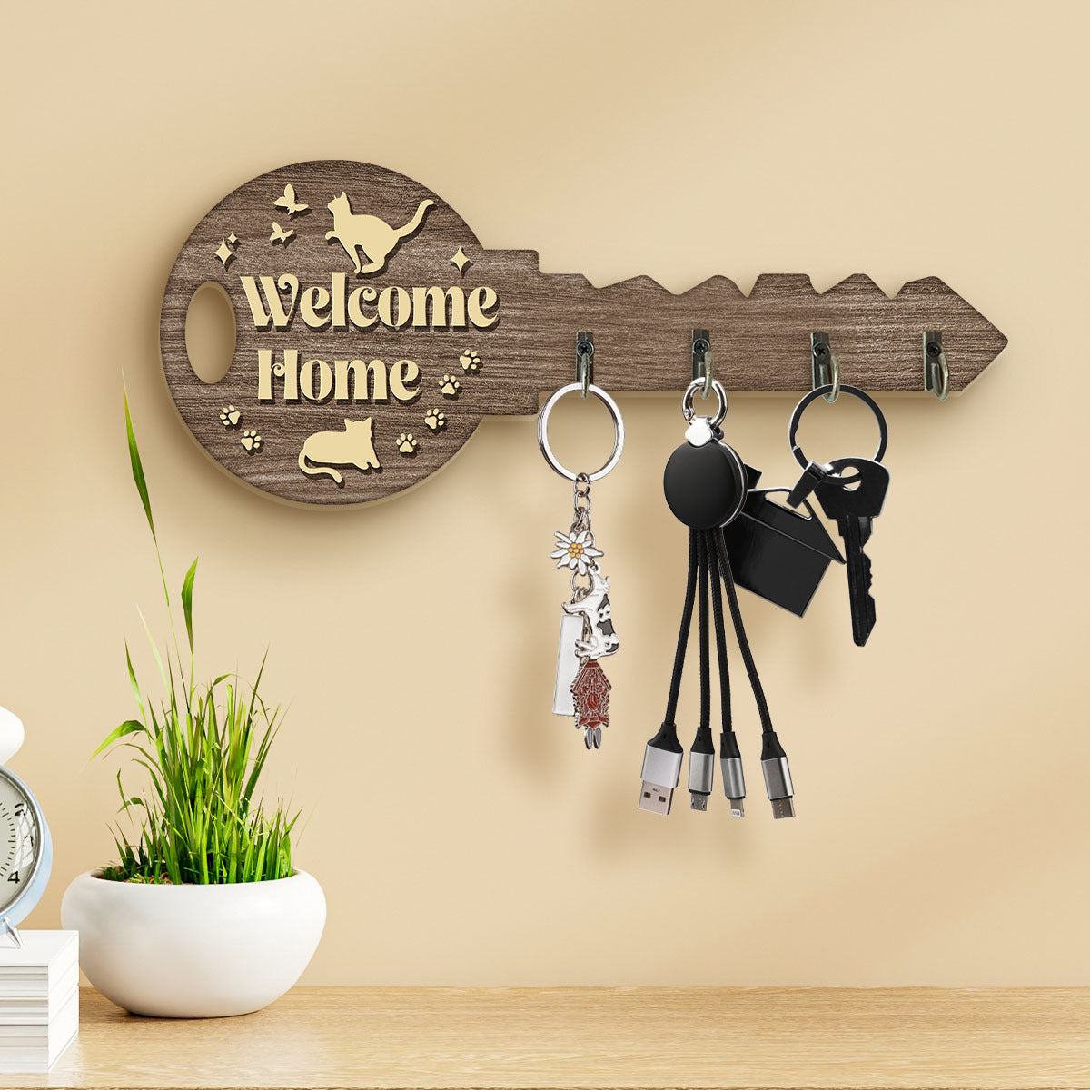 TEMU 1pc Vintage Wooden Key Shape Key Hook Wall Decoration Hook - Welcome Home - Bag Clothes Hook Room Dormitory Wall Hook, Halloween Thanksgiving