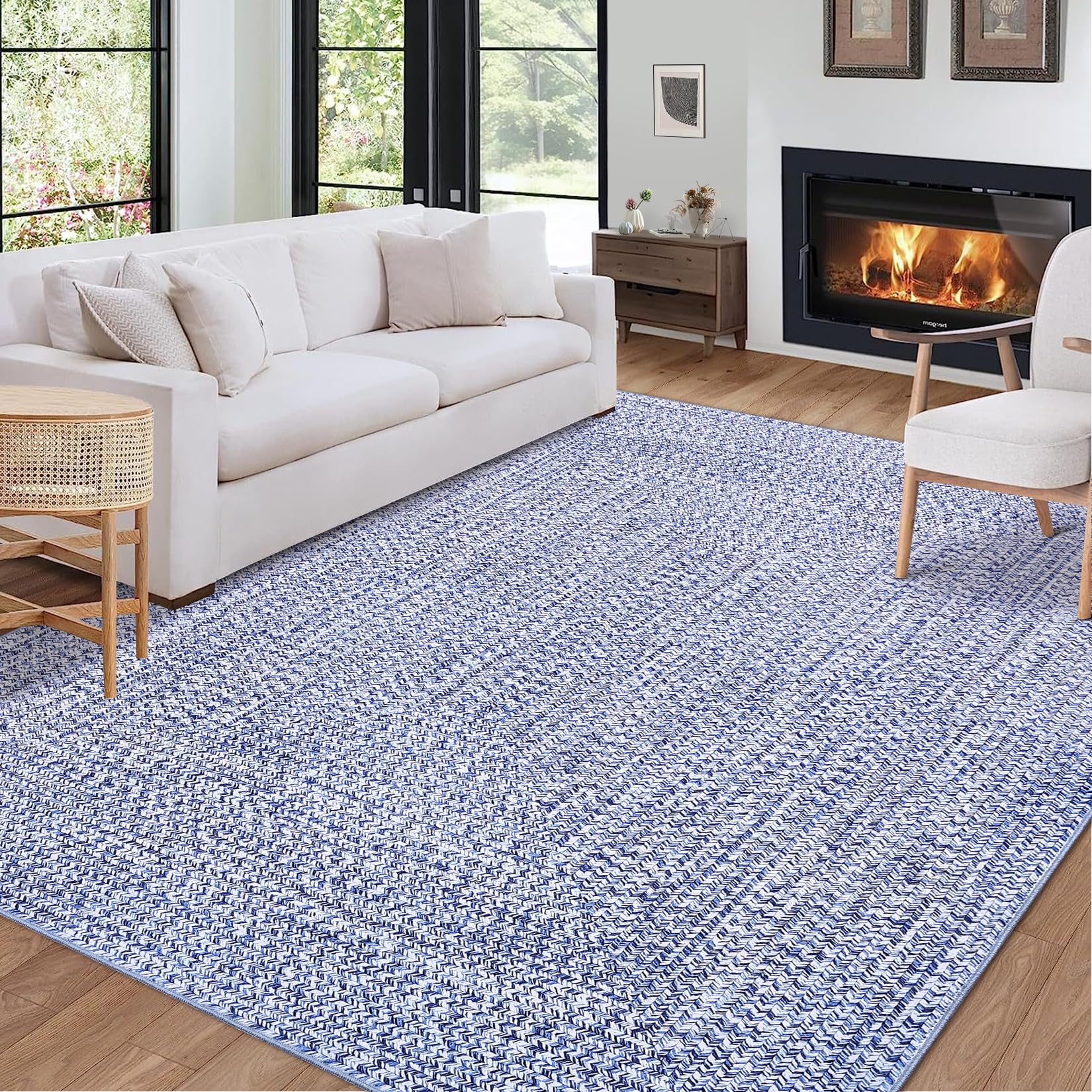 Garvee 8x10 Washable Rug Non Slip Printed Braided Rug Foldable Indoor Carpet Light Blue 8'x10'