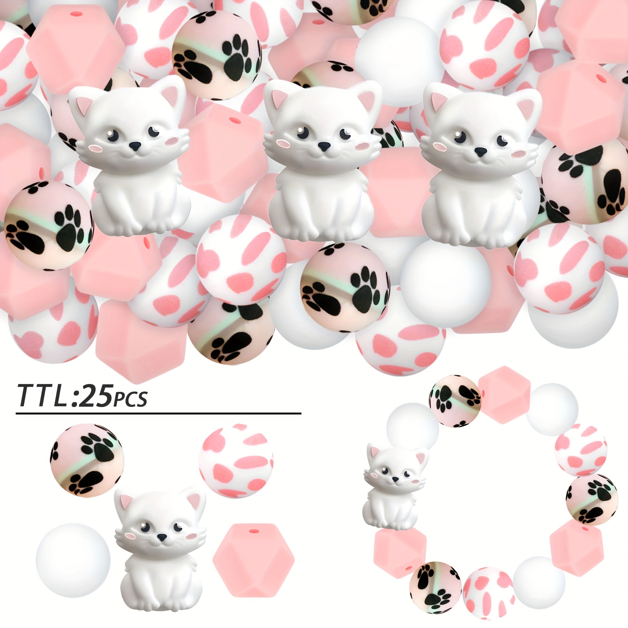 TEMU 25pcs Silicone Beads, White Cat Cat Cute Cat Claw, White Matching Elements, Suitable For Jewelry, Decoration, Beads, Earrings, Necklaces, Bags,
