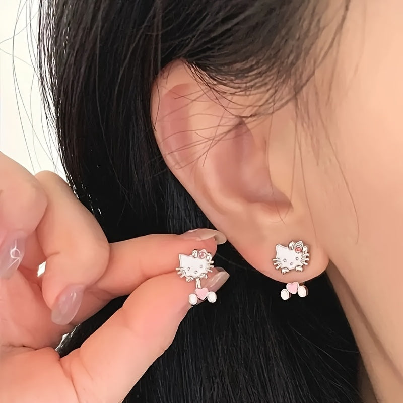 TEMU Hello Kitty Women's Earrings - Cute Alloy Stud Earrings With Pink Bow & Accents, Lightweight Jewelry For Parties, Gifts, Casual Attire