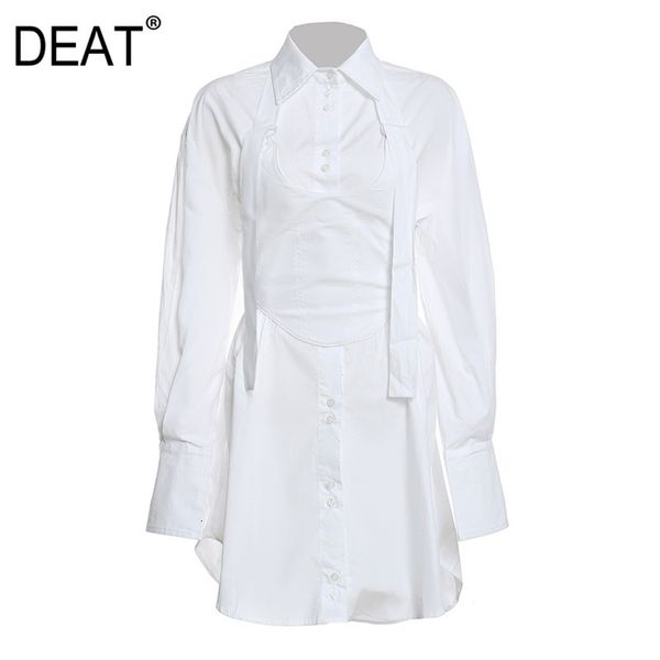 DEAT turn-down collar full sleeves waist seal autumn long high fashion women shirt dress white cotton two pieces WO16000L. 210428