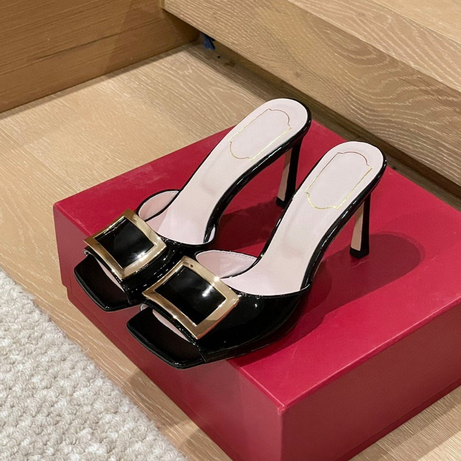 Luxury Designer Brand Shoes New Metallic Square Buckle Decorative Simple Style High Heel Sandals Thin Heel Square Toe Women Slides with Slippers Lea