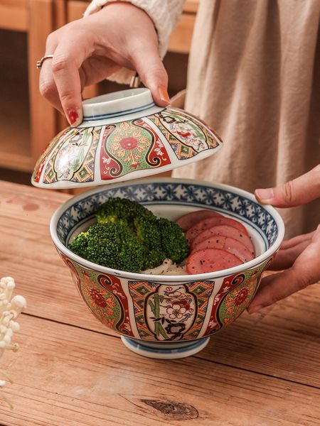 Bowls Japanese 6 inch Ceramic Rice Ramen Instant Noodle with Lid Ancient Imari Style Kitchen Supplies Tableware 221203