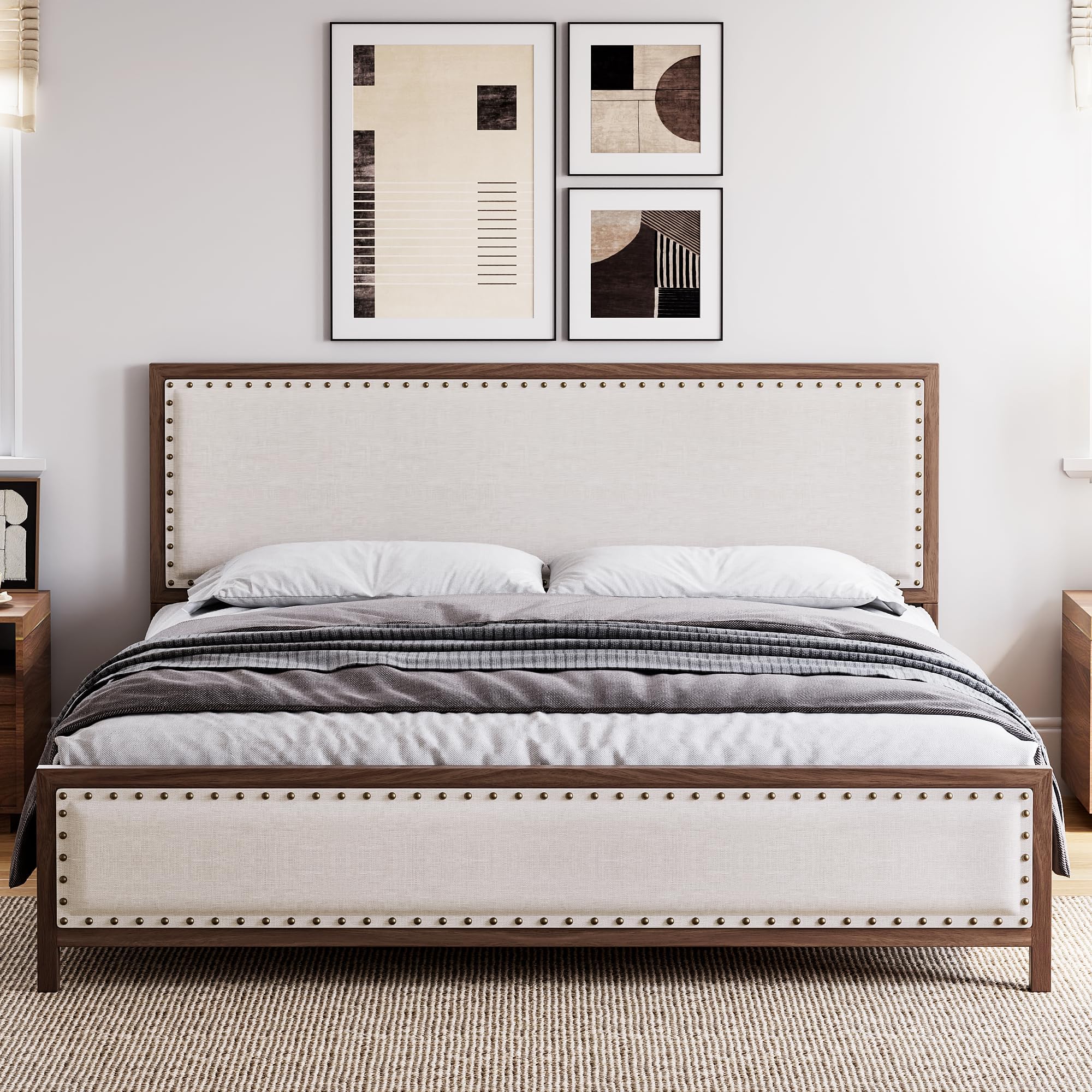 Garvee Queen Size Metal Bed Frame with Linen Headboard and Footboard, Wood Grain, Rivet Design, No Box Spring Needed, Vintage Walnut