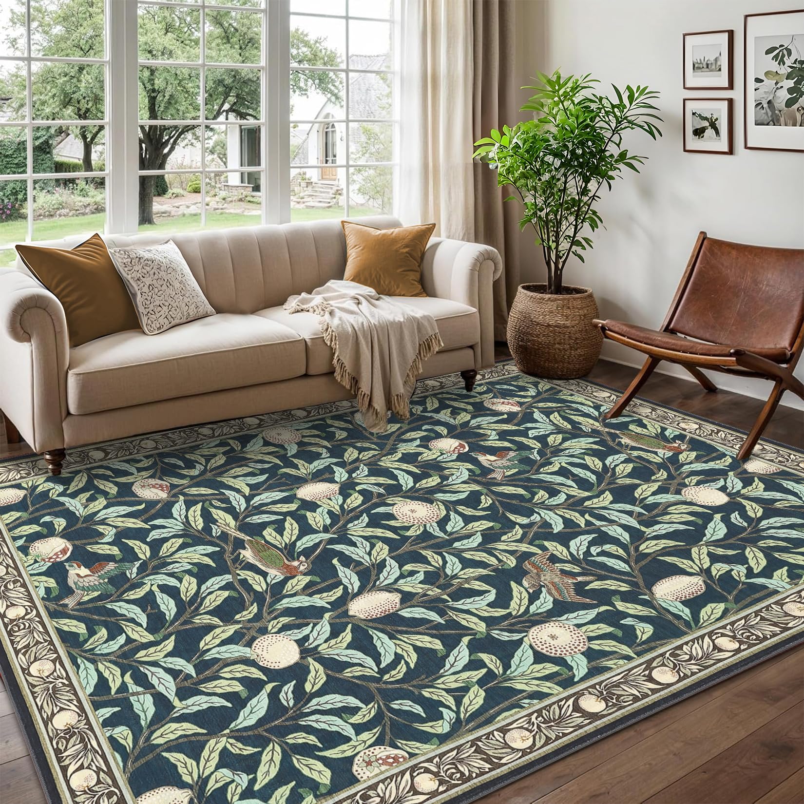 Garvee 8x10 Botanical Rugs Ultra Thin Soft Low Pile Carpet for Living Room Dining Room Office Dark Blue