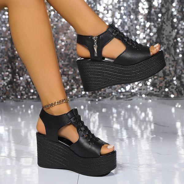 Casual Basic High Heel Rubber For Women 2024 New Hot Sale Summer Wedges Ladies Shoes Solid Zipper Pu Women&#039;s Sandals