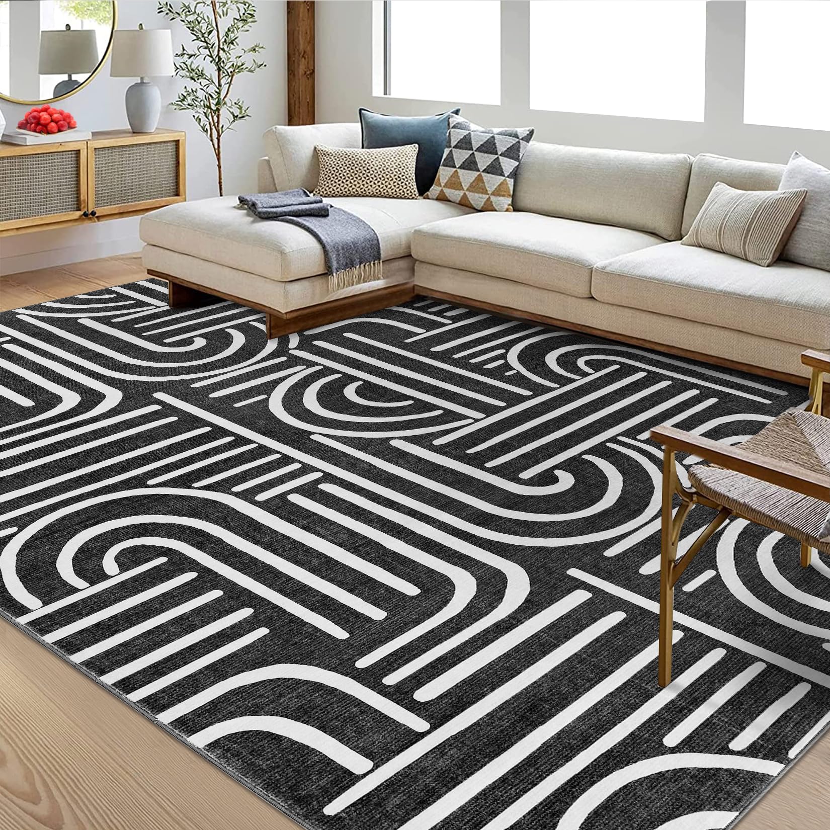 Garvee Washable 8x10 Area Rugs Abstract Soft Rainbow Non Slip Rubber Low Pile Stain Resistant Boho Geometric Carpet Black for Living Room Bedroom Dini